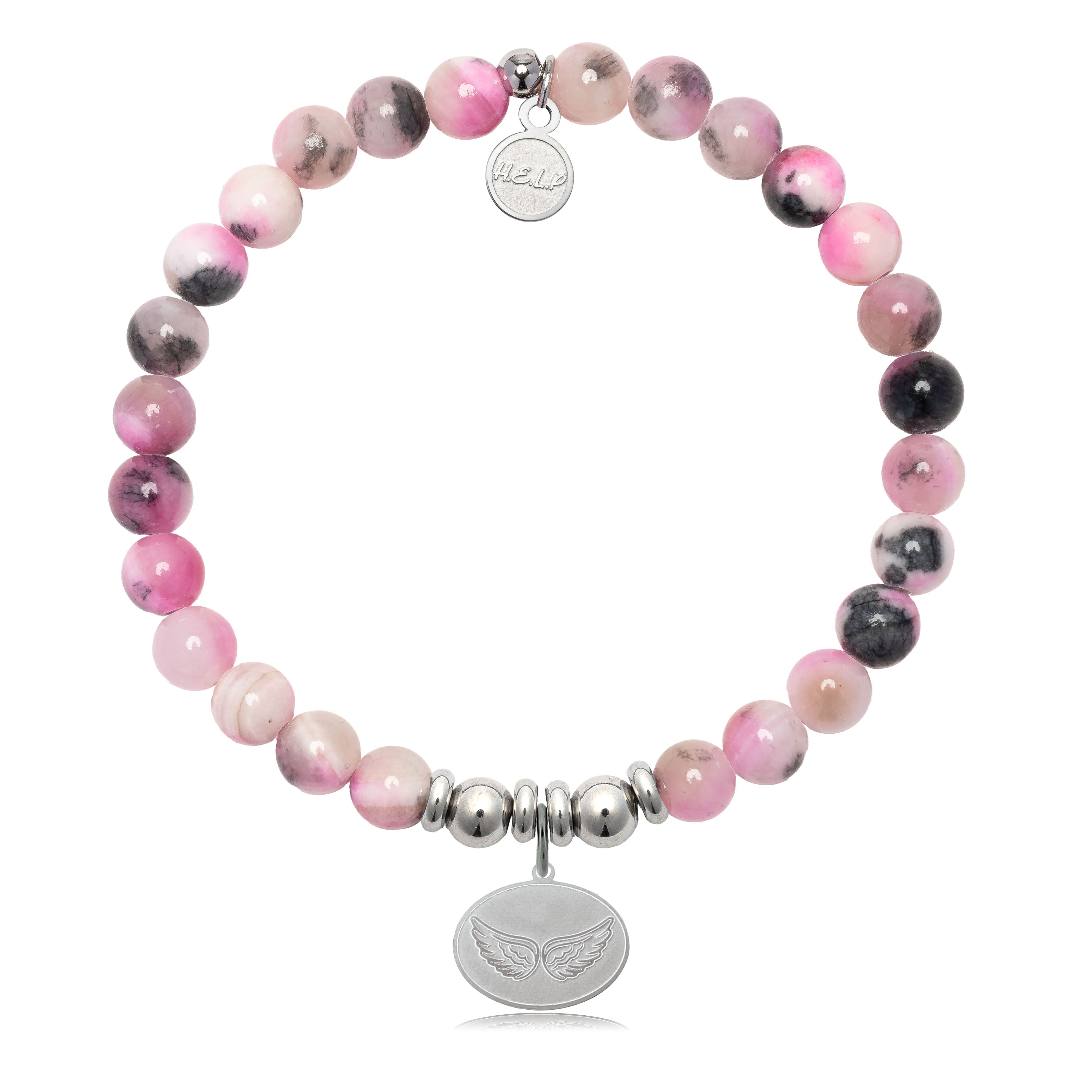HELP by TJ Angel Wing Charm with Pink Zebra Jade Charity Bracelet