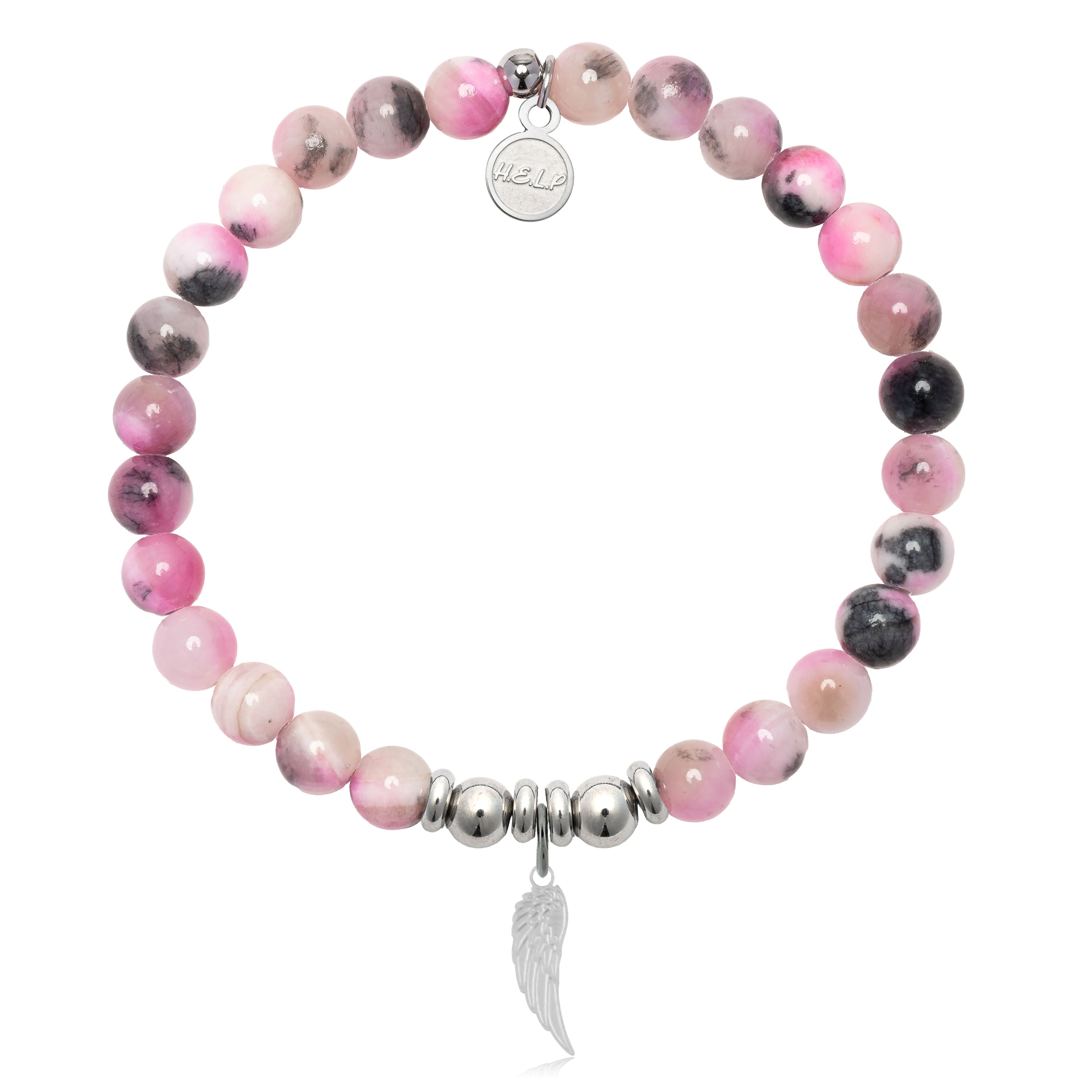 HELP by TJ Angel Wing Cutout Charm with Pink Zebra Jade Charity Bracelet