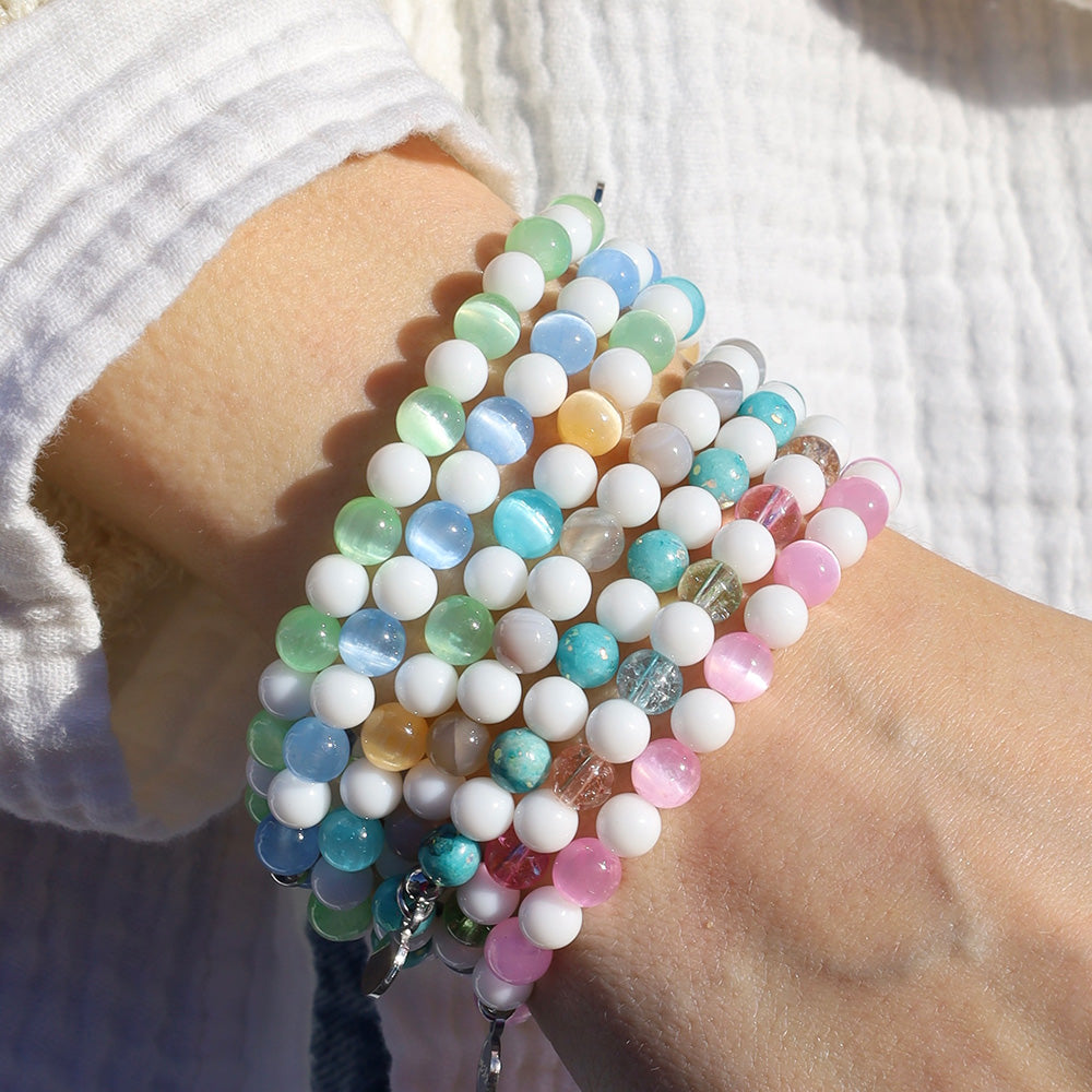HELP by TJ Atlantic White Shark Conservancy Charity Bracelet: Grey Stripe Agate & White Jade Stacker