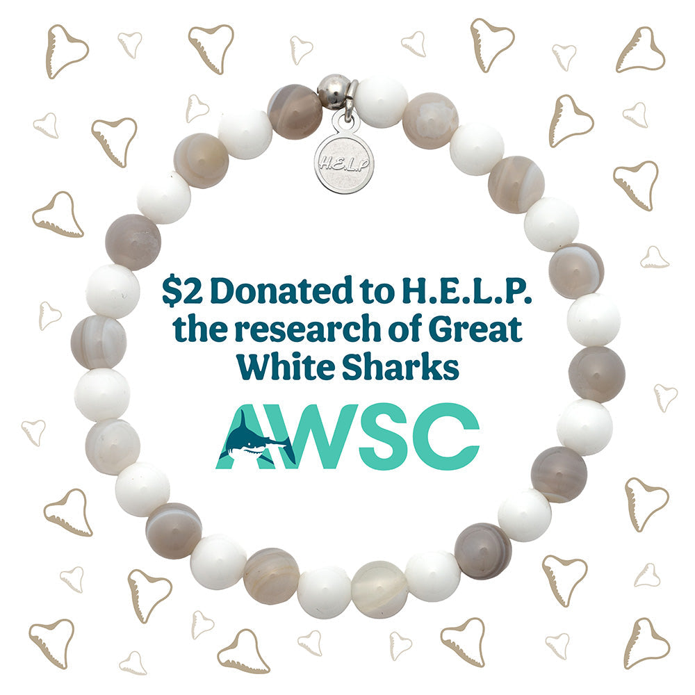 HELP by TJ Atlantic White Shark Conservancy Charity Bracelet: Grey Stripe Agate & White Jade Stacker