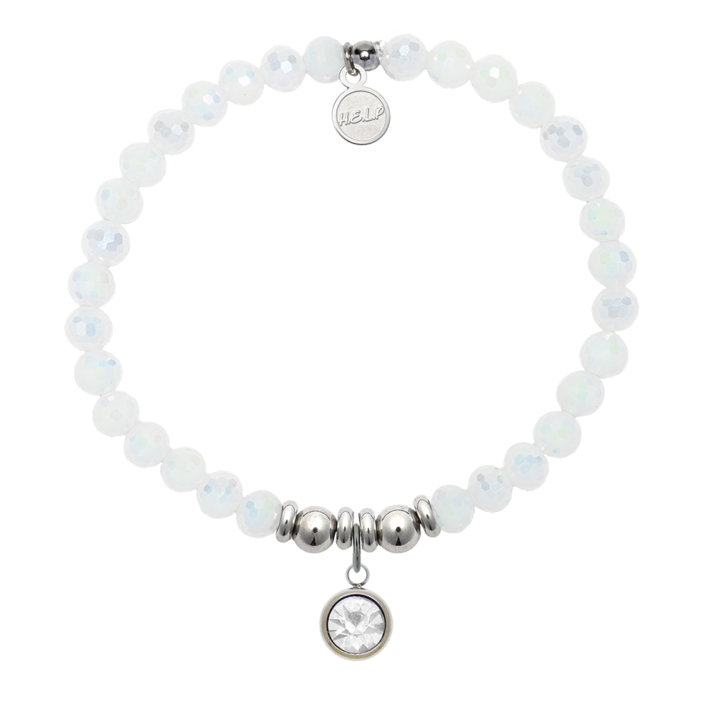 HELP by TJ Birthstone Collection - April Diamond Crystal Charm with White Crystal Charity Bracelet