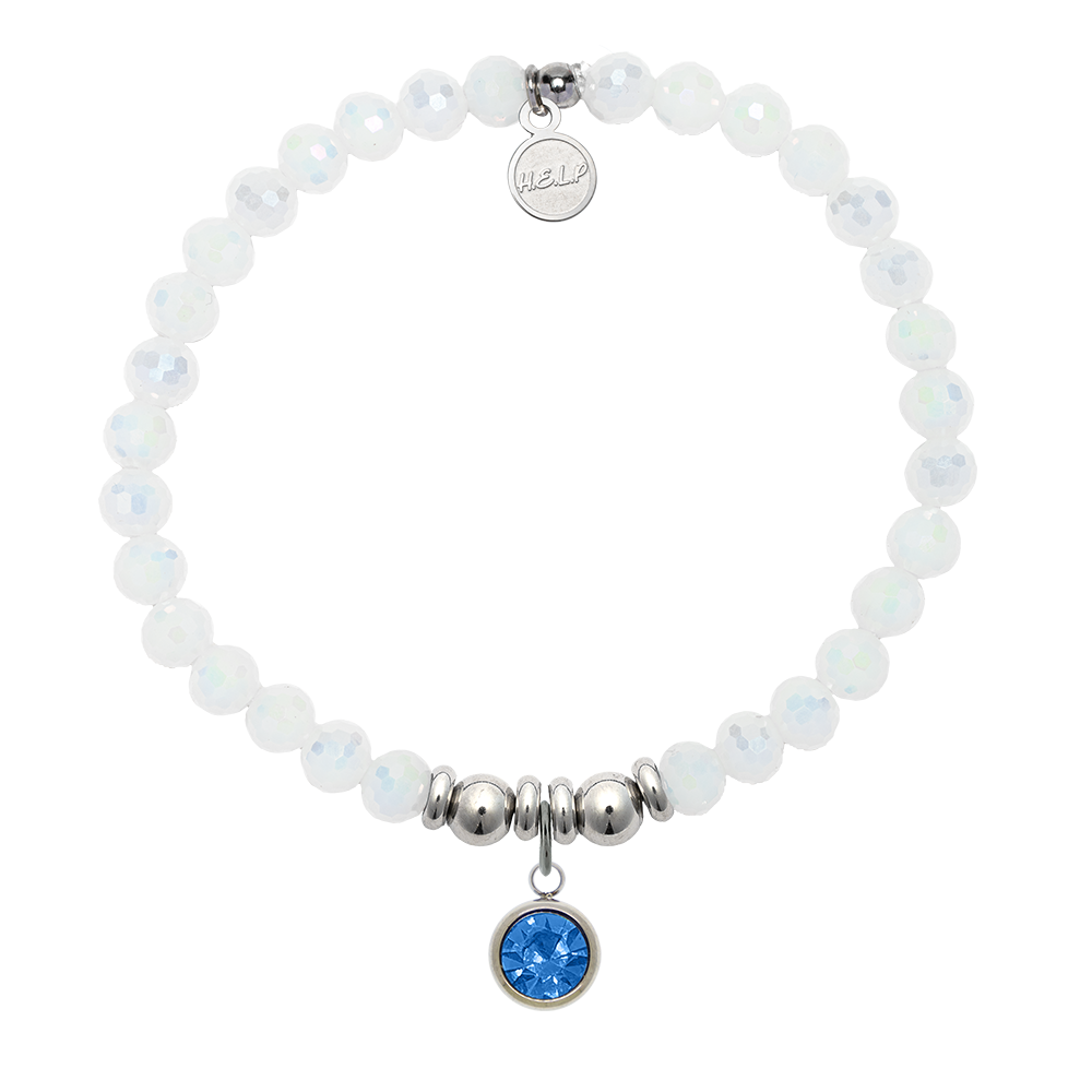 HELP by TJ Birthstone Collection - December Blue Topaz Crystal Charm with White Crystal Charity Bracelet