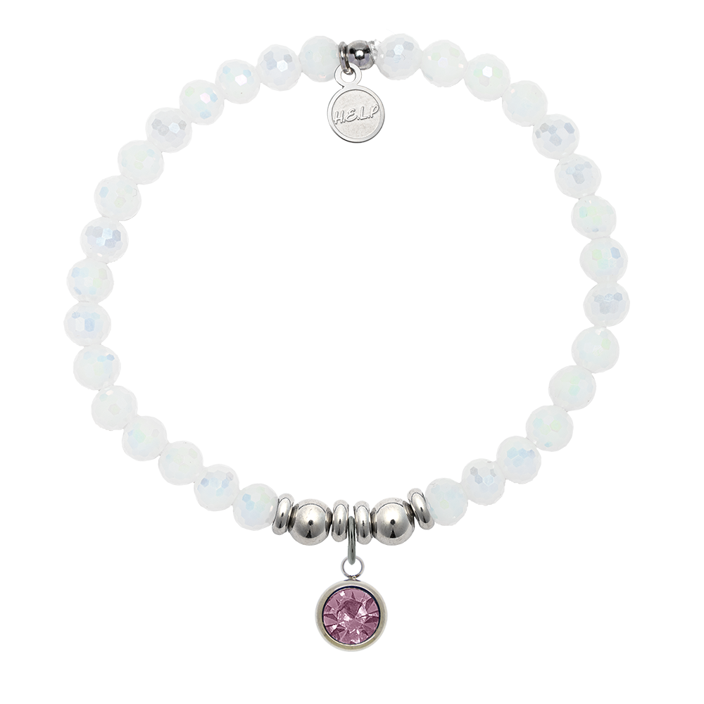 HELP by TJ Birthstone Collection - February Amethyst Crystal Charm with White Crystal Charity Bracelet