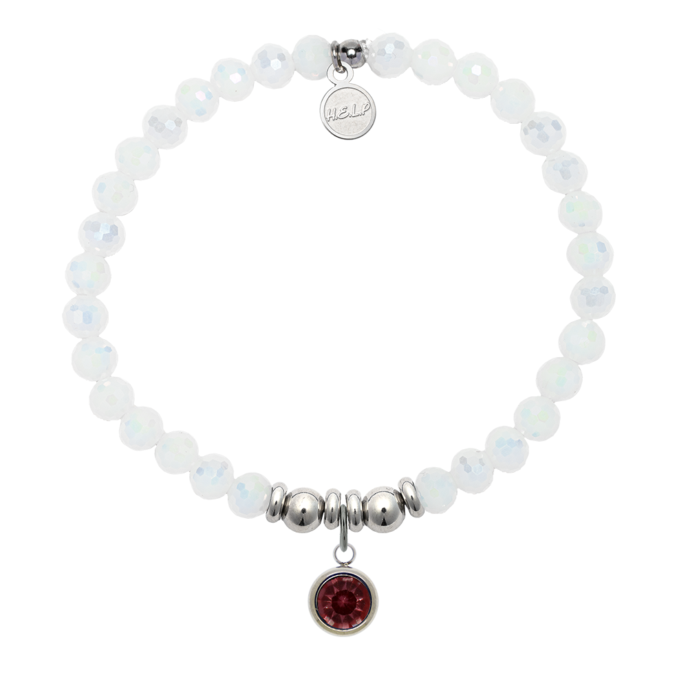 HELP by TJ Birthstone Collection - January Garnet Crystal Charm with White Crystal Charity Bracelet