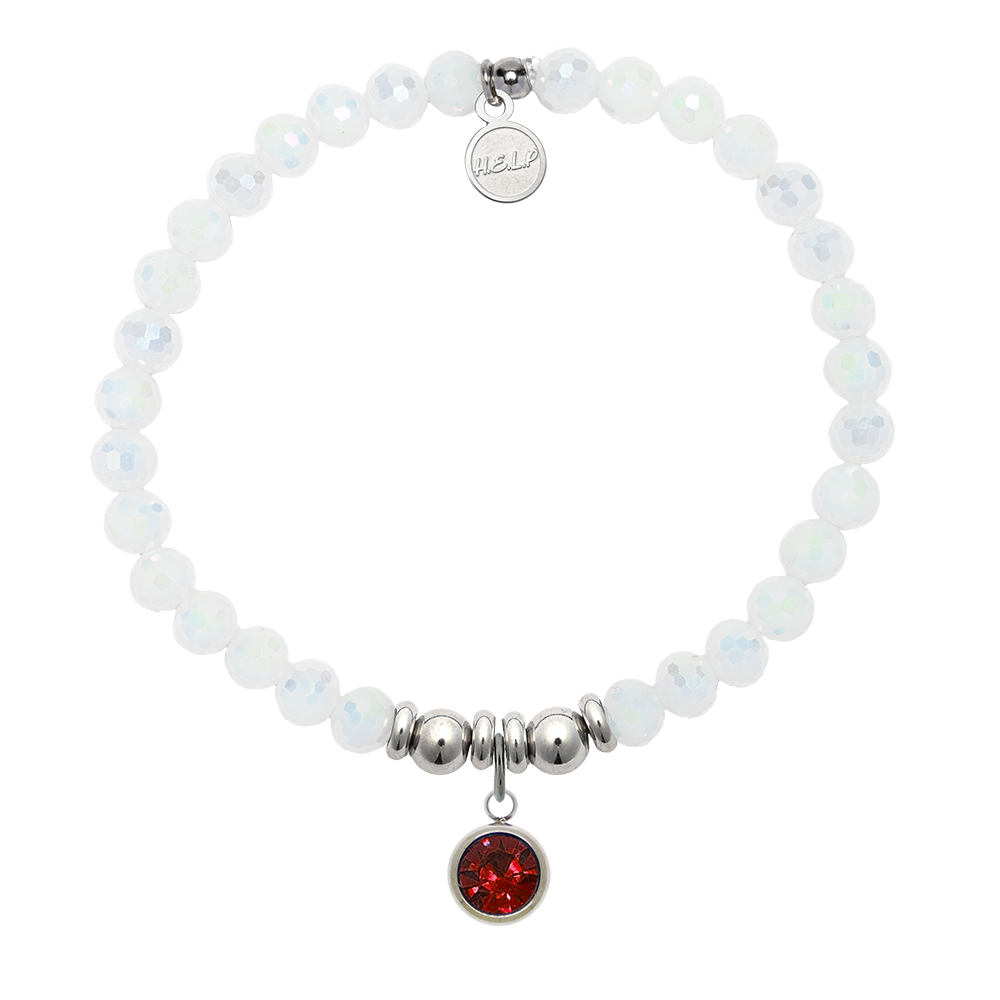 HELP by TJ Birthstone Collection - July Ruby Crystal Charm with White Crystal Charity Bracelet