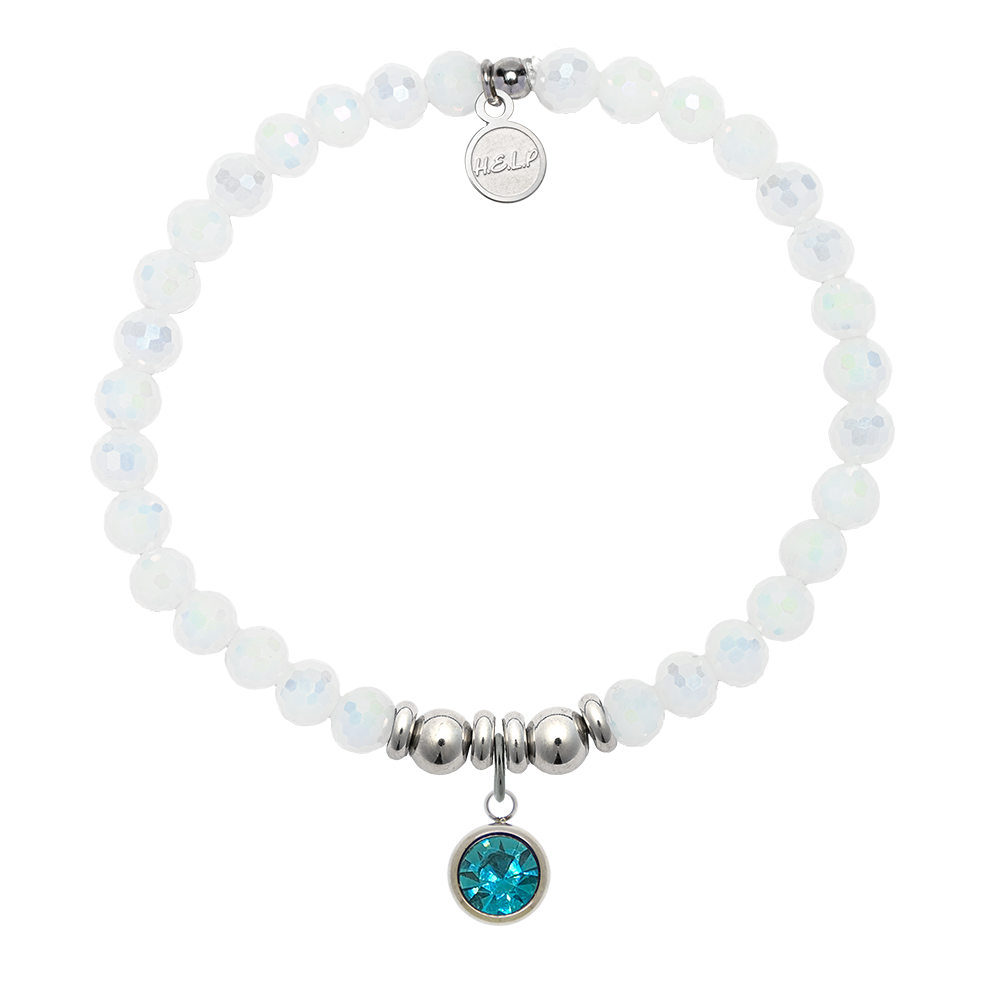 HELP by TJ Birthstone Collection - March Aquamarine Crystal Charm with White Crystal Charity Bracelet