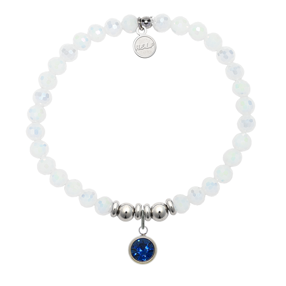 HELP by TJ Birthstone Collection - September Sapphire Crystal Charm with White Crystal Charity Bracelet