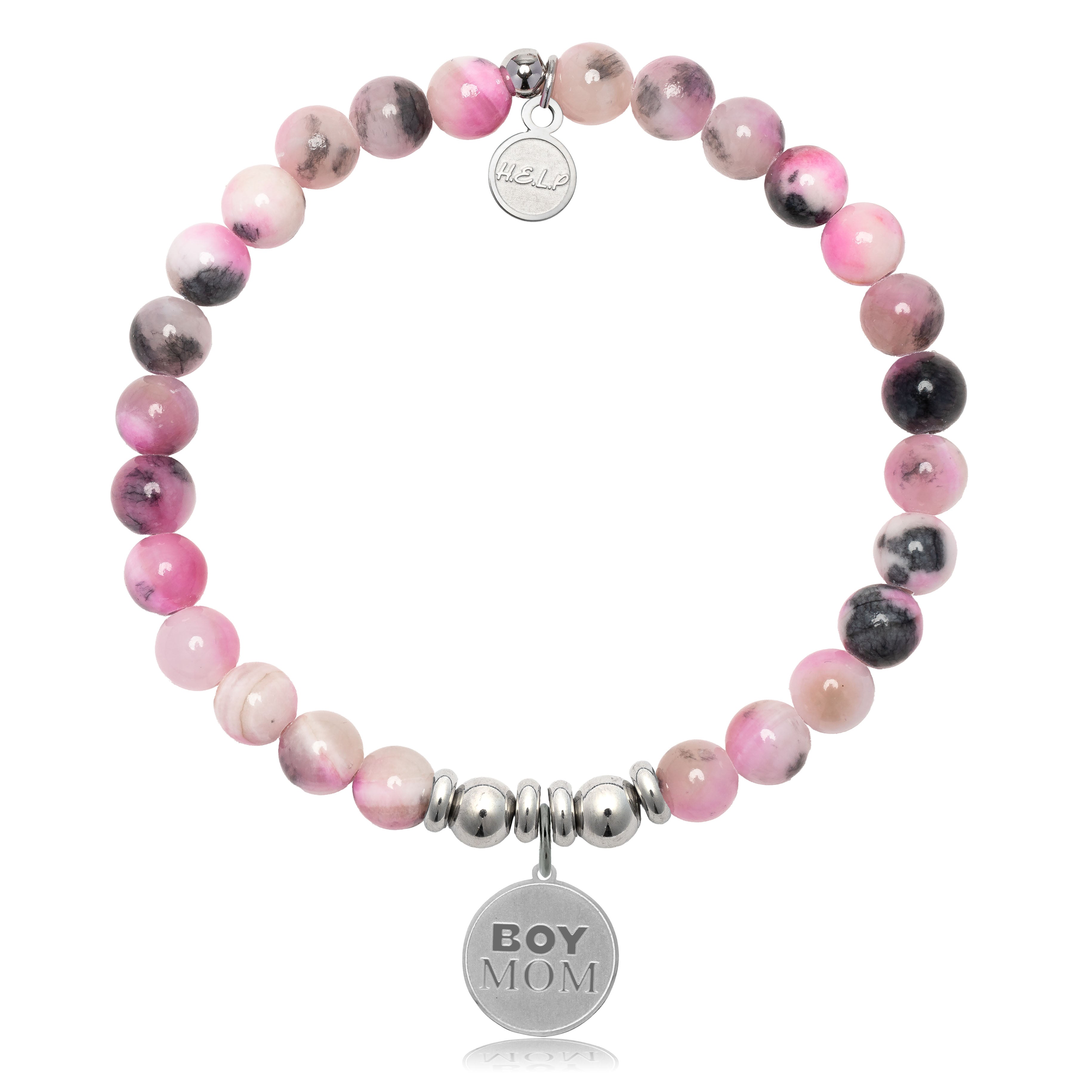 HELP by TJ Boy Mom Charm with Pink Zebra Jade Charity Bracelet