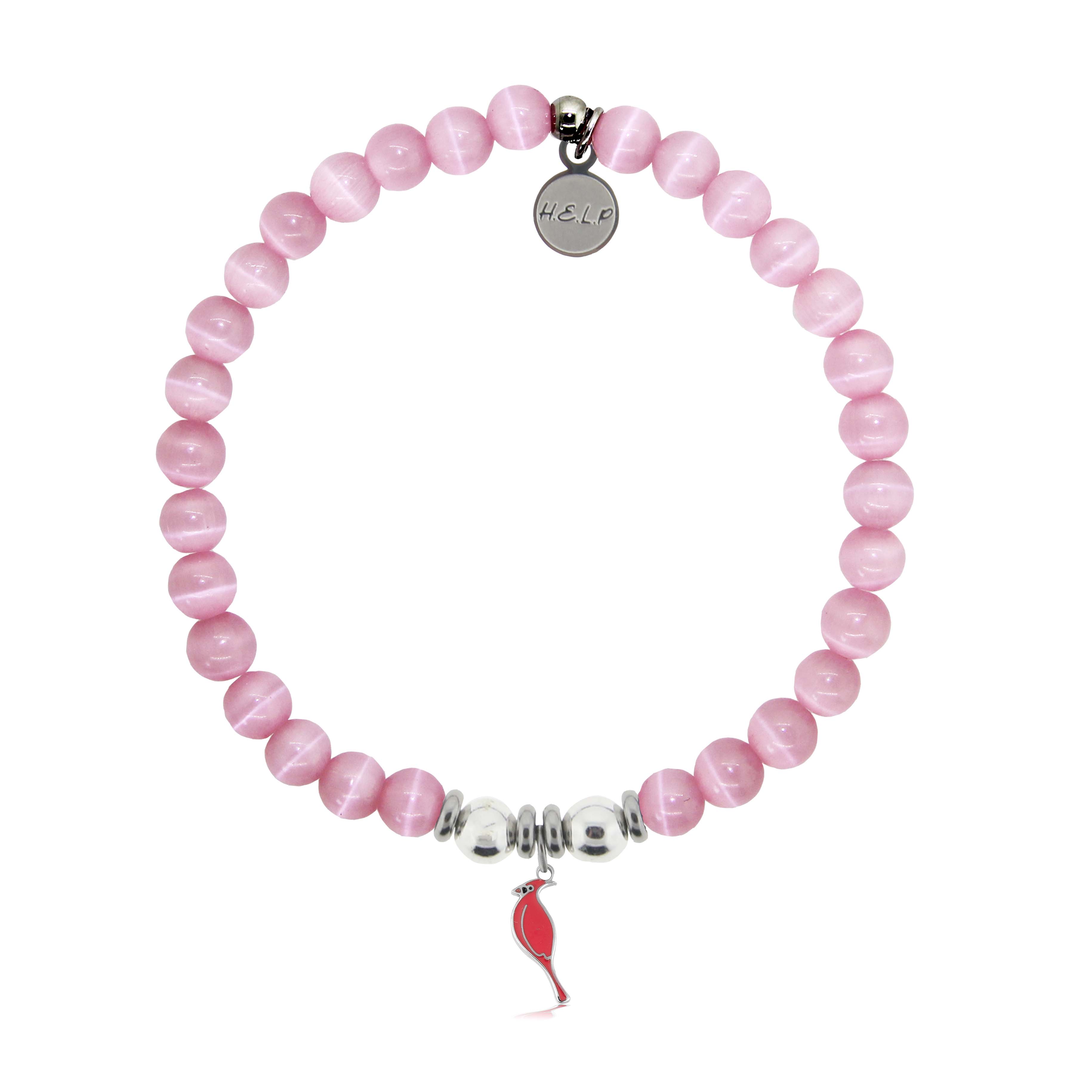 HELP by TJ Cardinal Enamel Charm with Pink Cats Eye Charity Bracelet