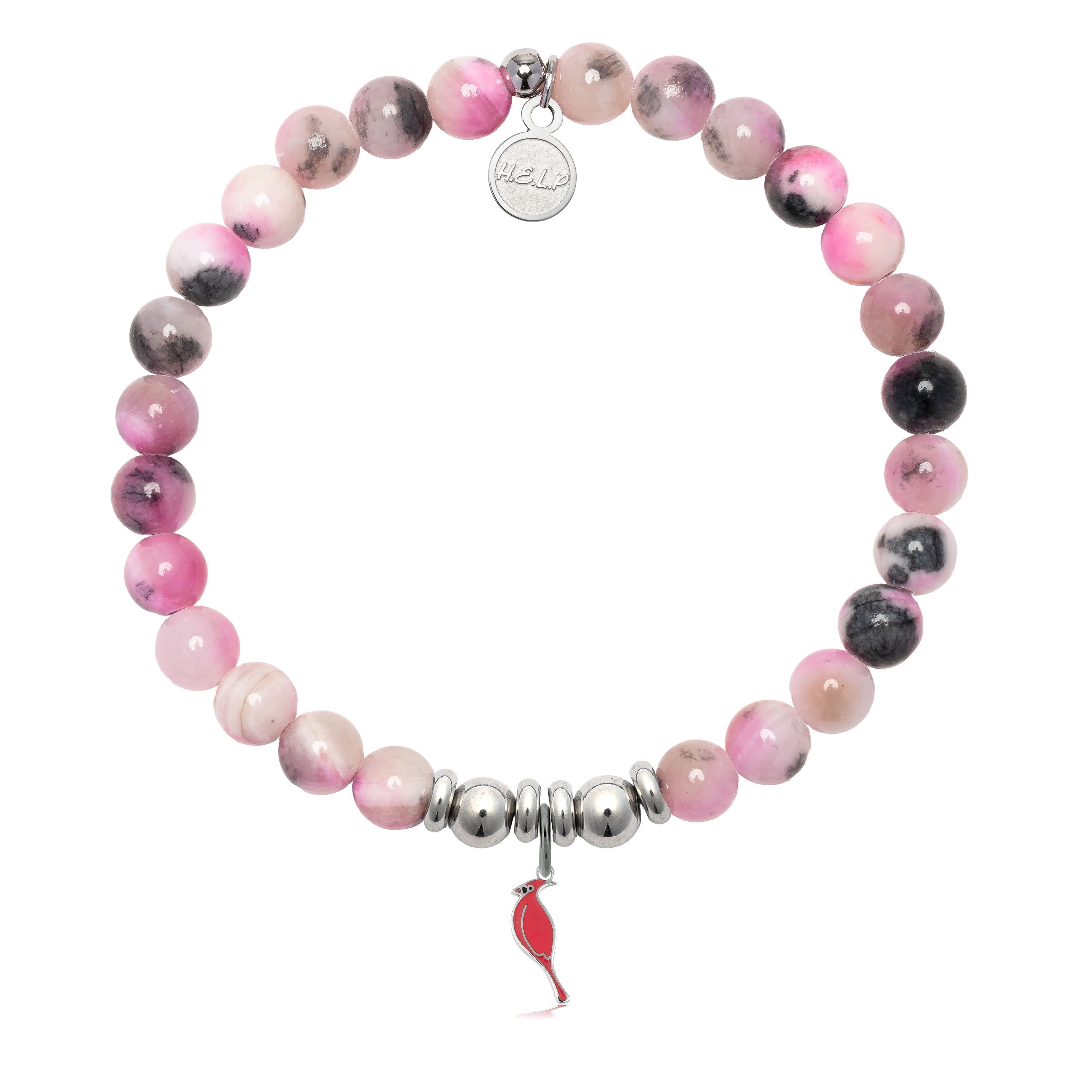 HELP by TJ Cardinal Enamel Charm with Pink Zebra Jade Charity Bracelet