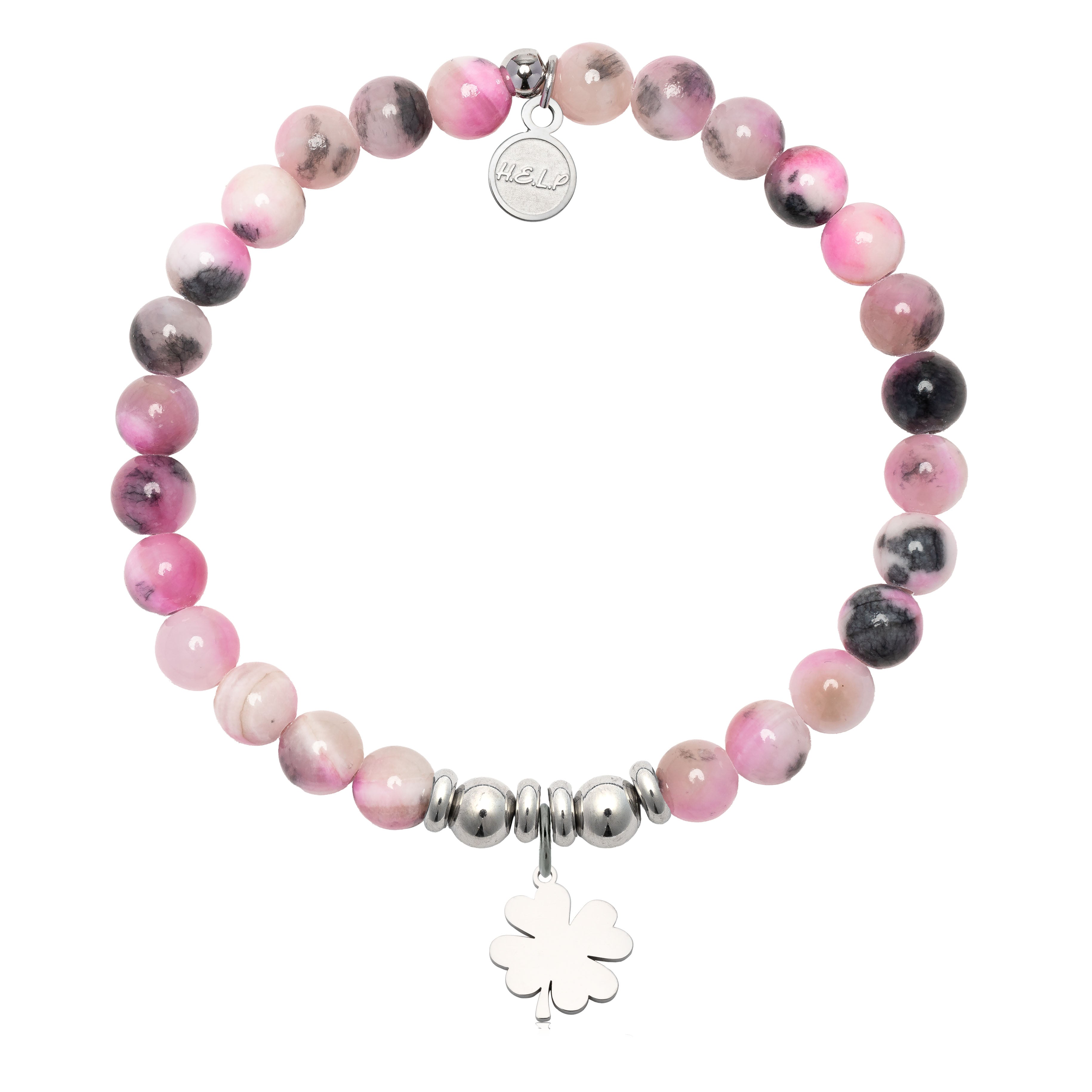 HELP by TJ Clover Charm with Pink Zebra Jade Charity Bracelet