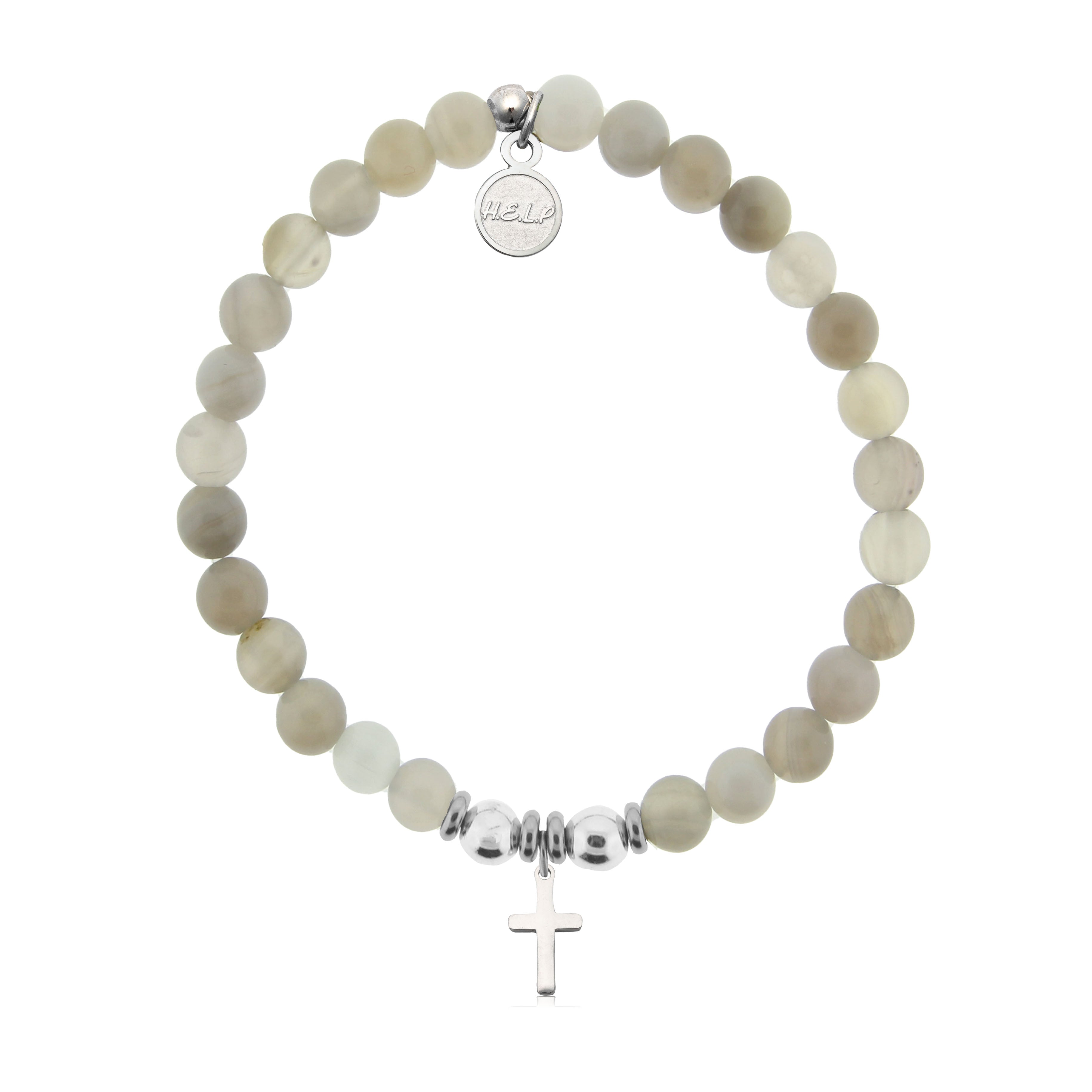 HELP by TJ Cross Charm with Grey Stripe Agate Charity Bracelet