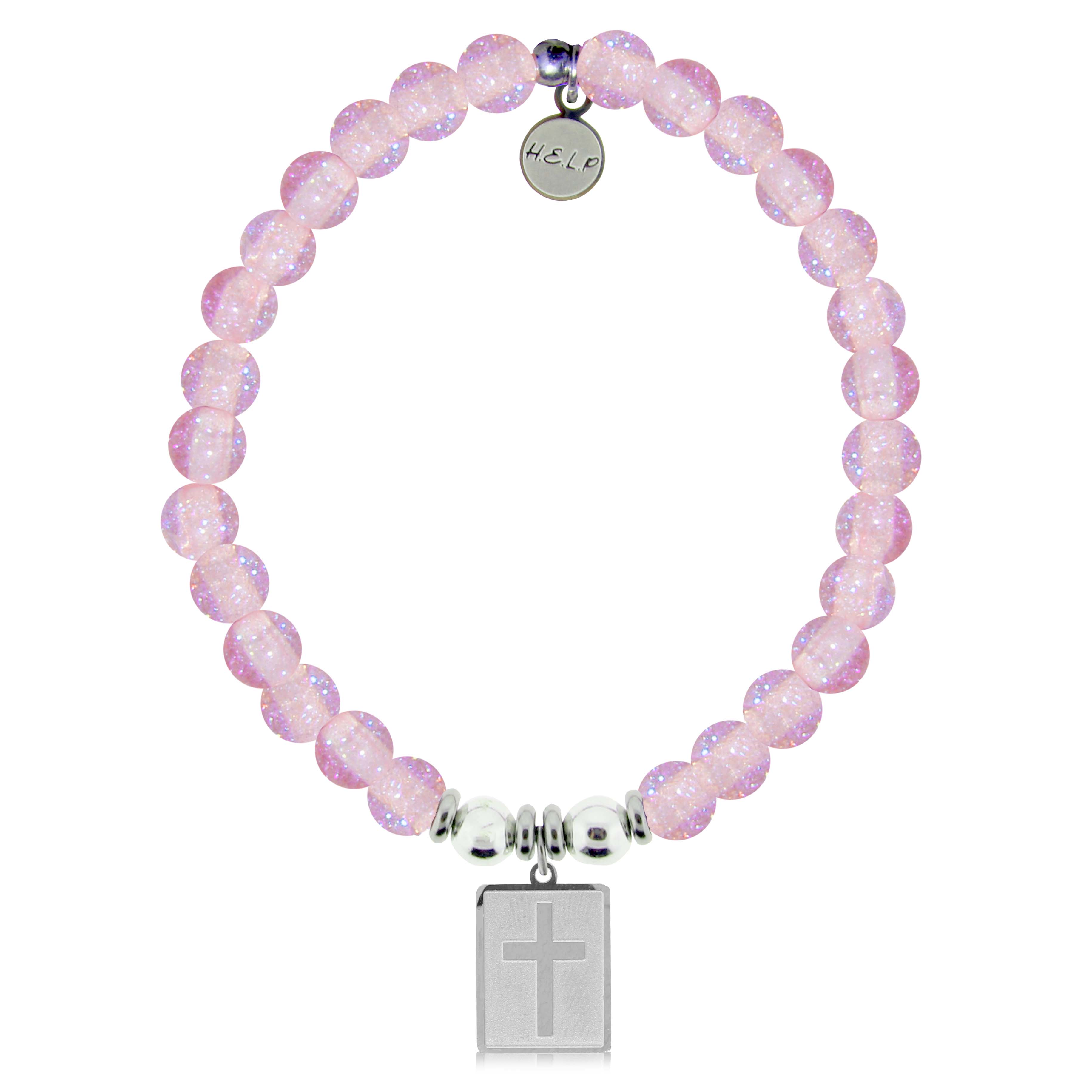 HELP by TJ Cross Charm with Pink Glass Shimmer Charity Bracelet