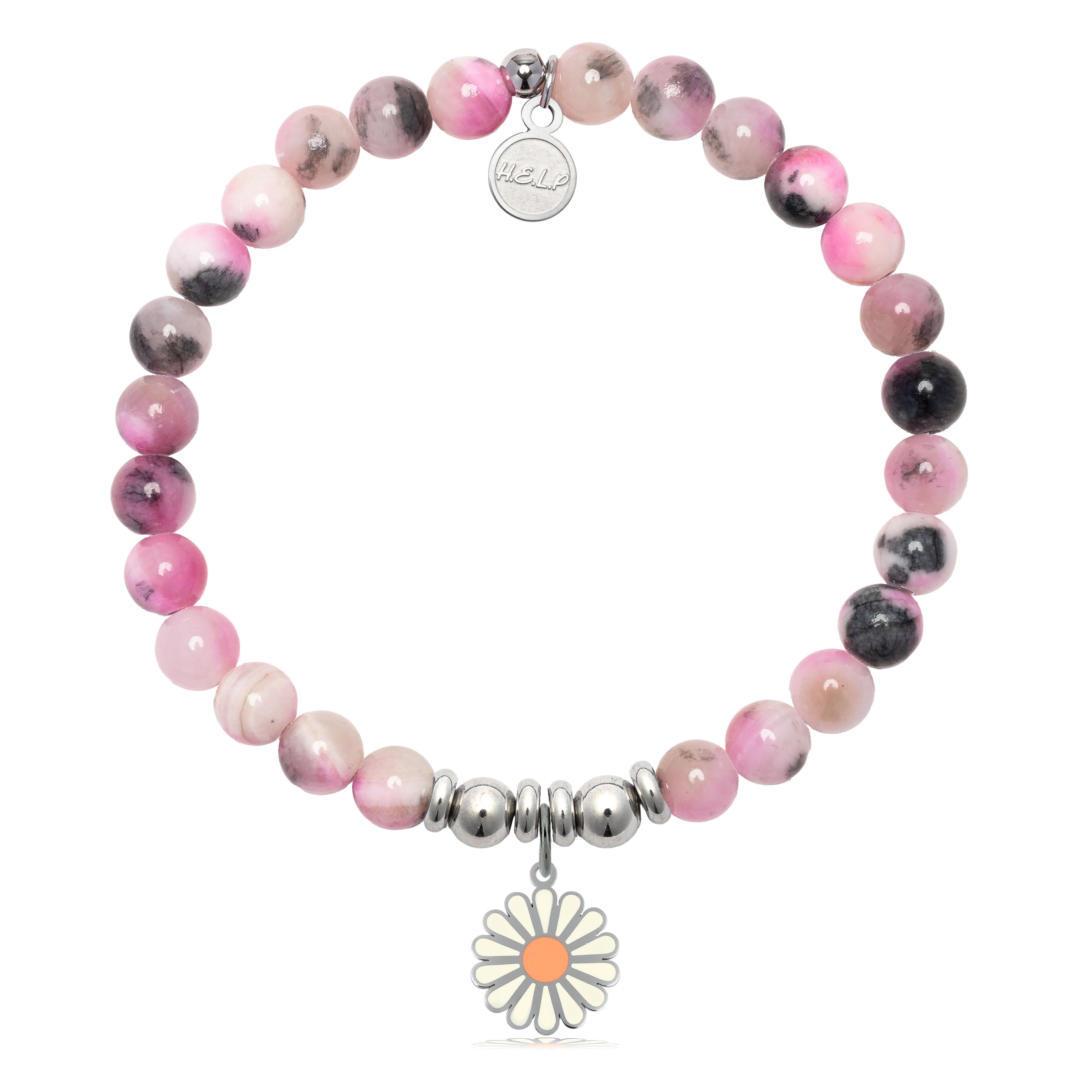 HELP by TJ Daisy Enamel Charm with Pink Zebra Jade Charity Bracelet