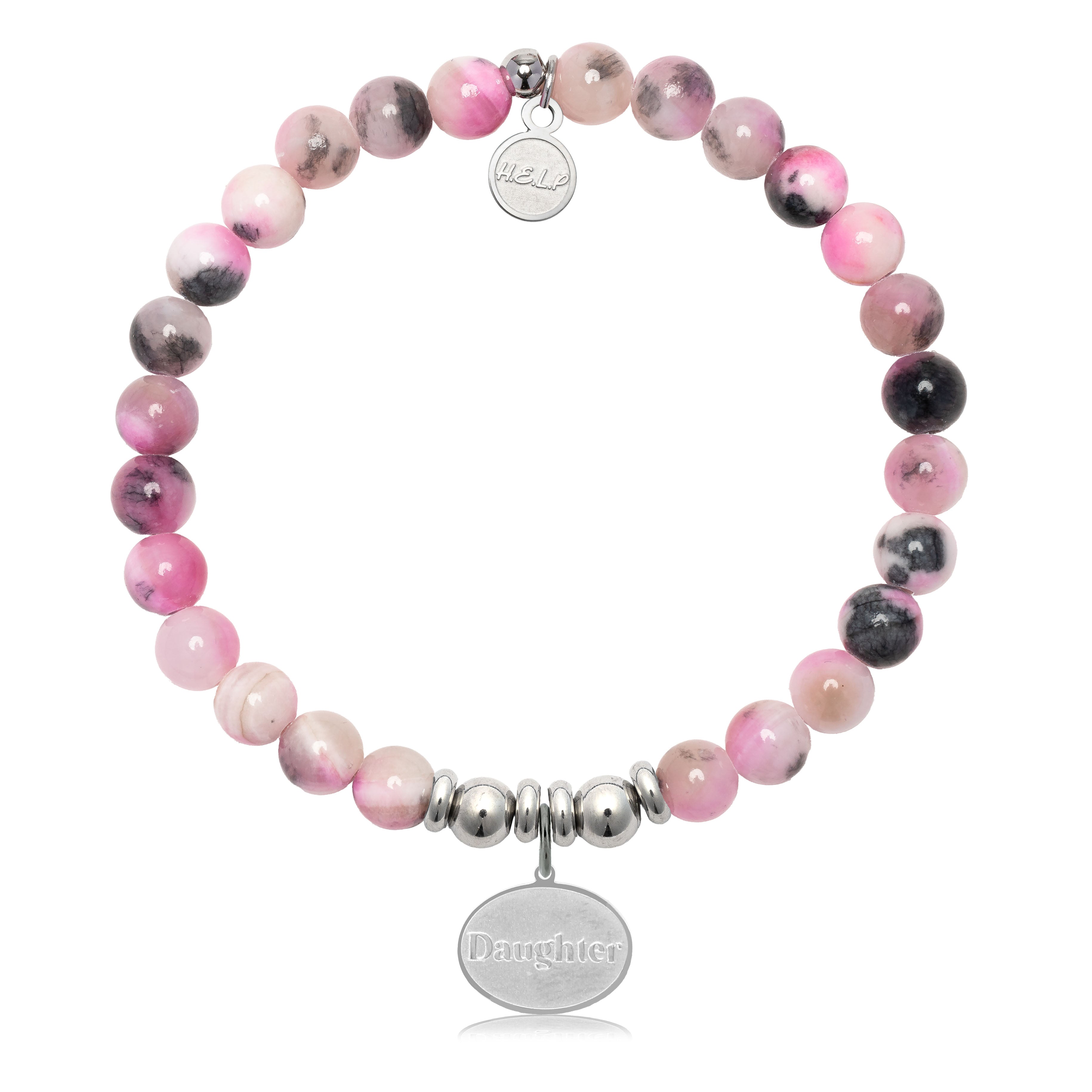 HELP by TJ Daughter Charm with Pink Zebra Jade Charity Bracelet