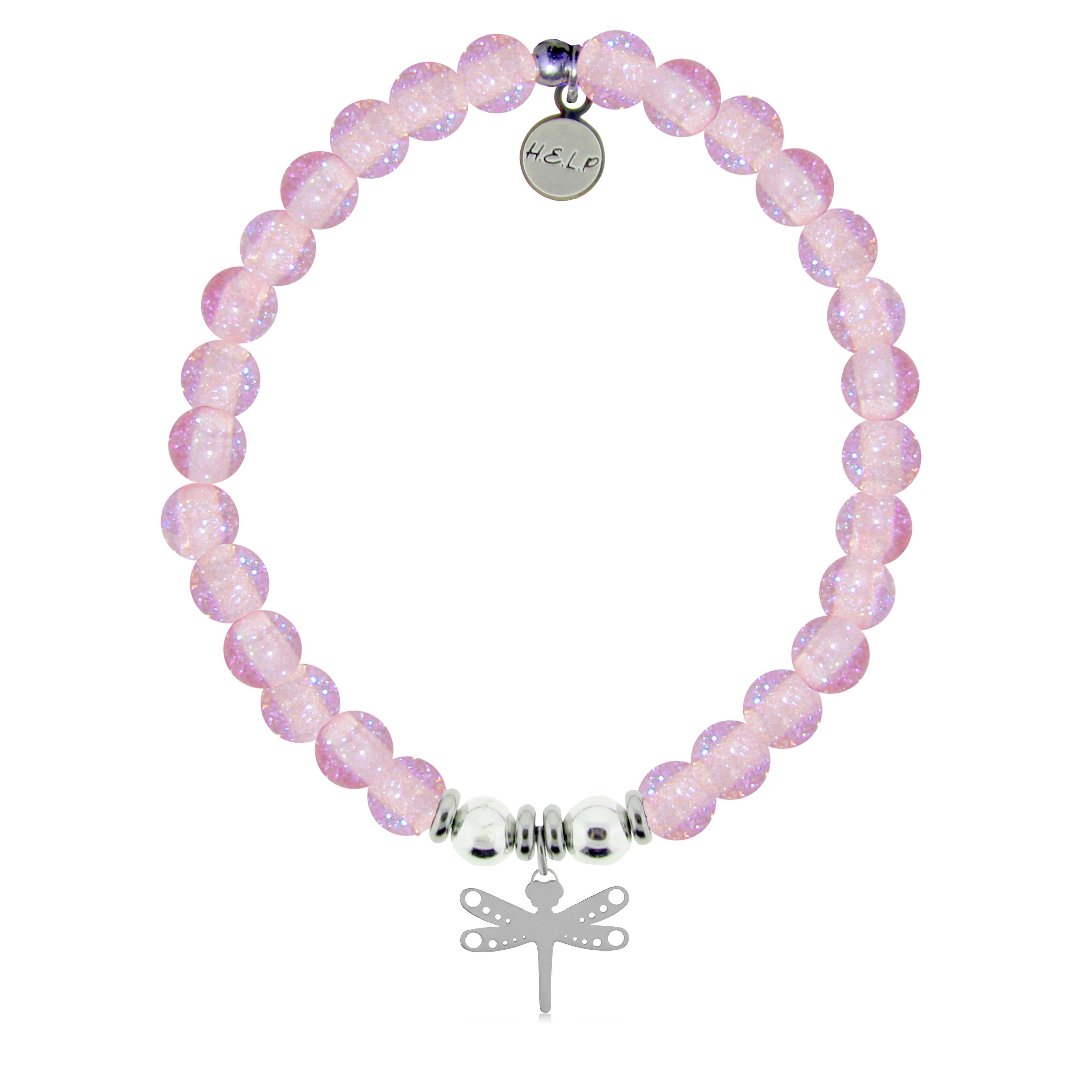HELP by TJ Dragonfly Charm with Pink Glass Shimmer Charity Bracelet
