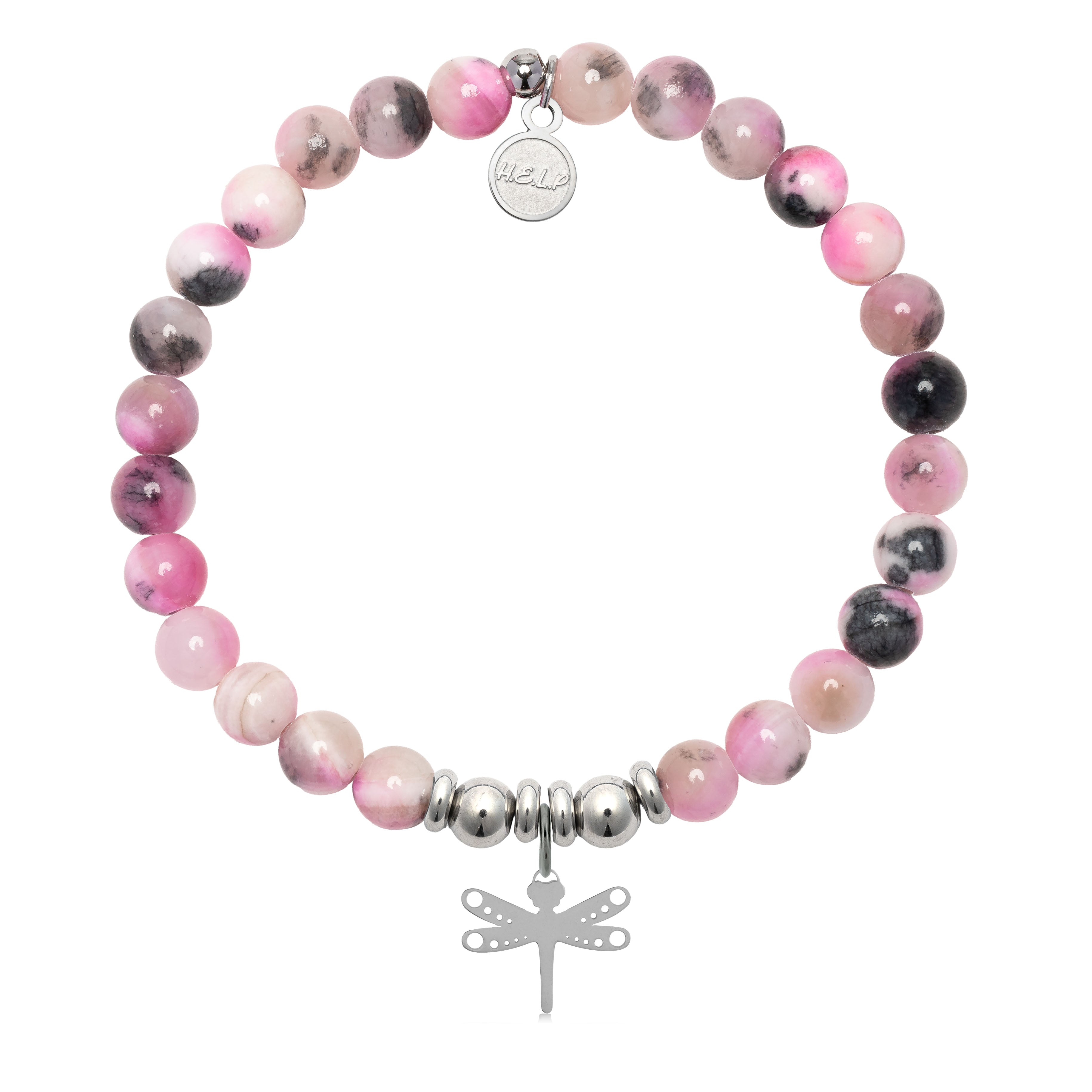 HELP by TJ Dragonfly Charm with Pink Zebra Jade Charity Bracelet