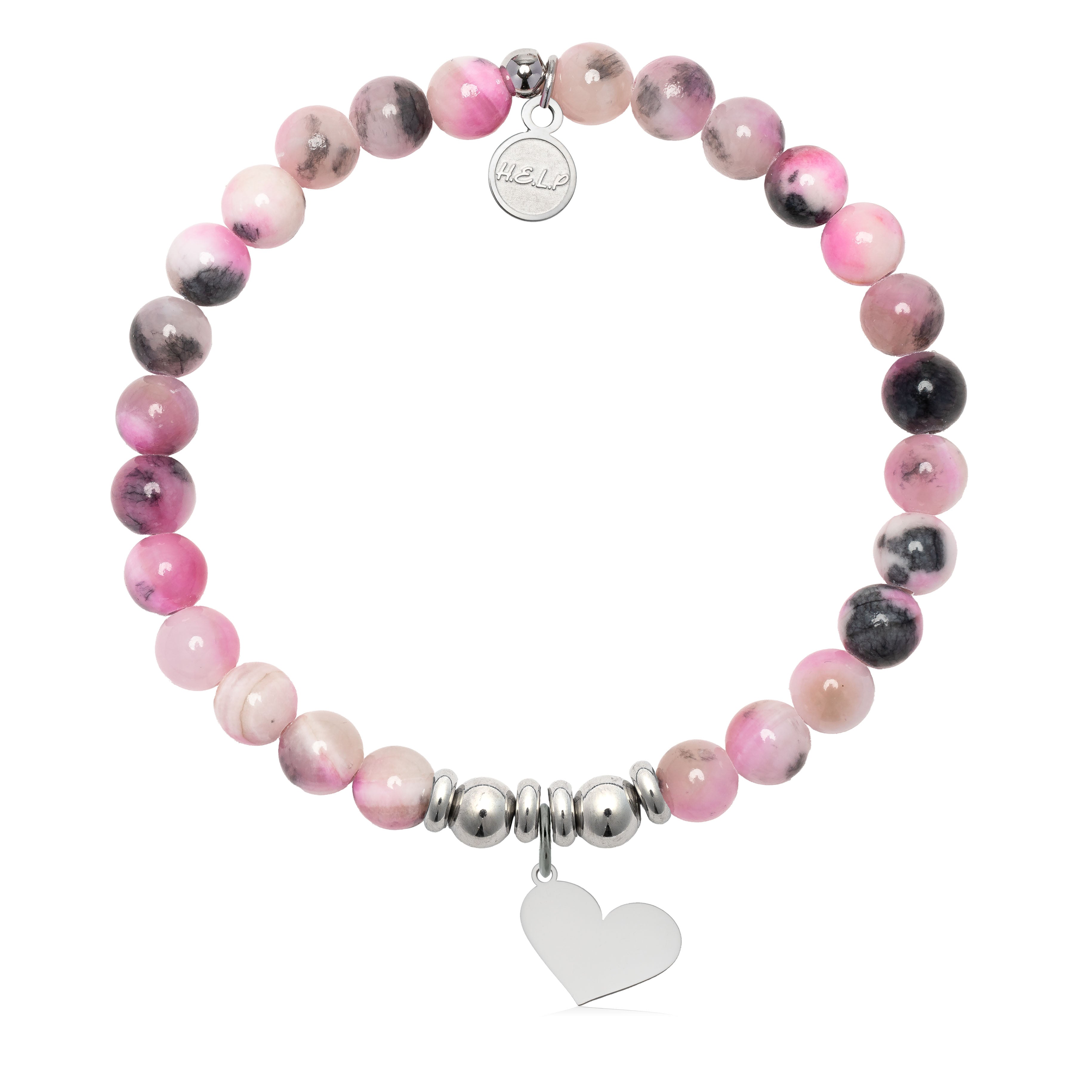 HELP by TJ Heart Cutout Charm with Pink Zebra Jade Charity Bracelet