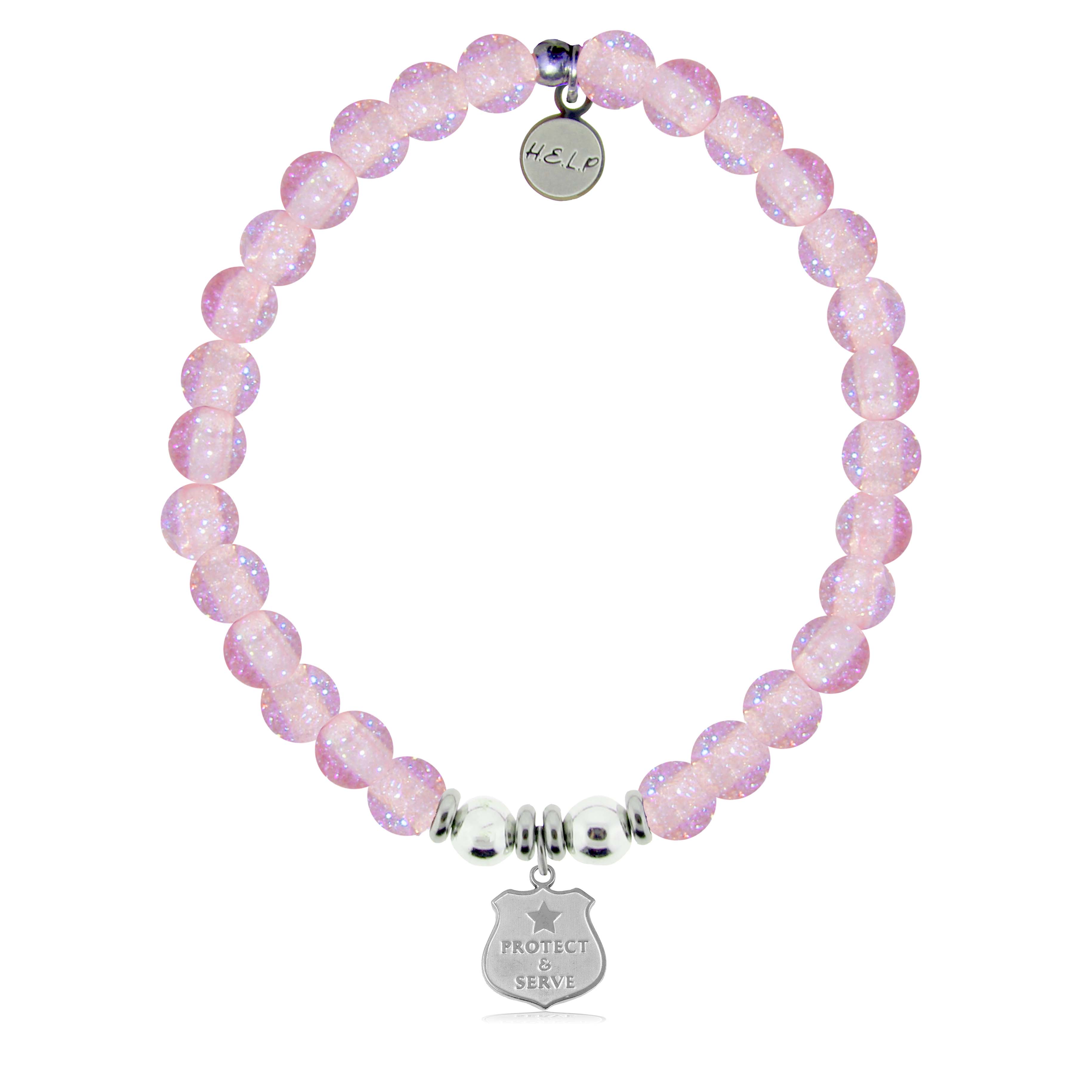 HELP by TJ Police Protect and Serve Charm with Pink Glass Shimmer Charity Bracelet