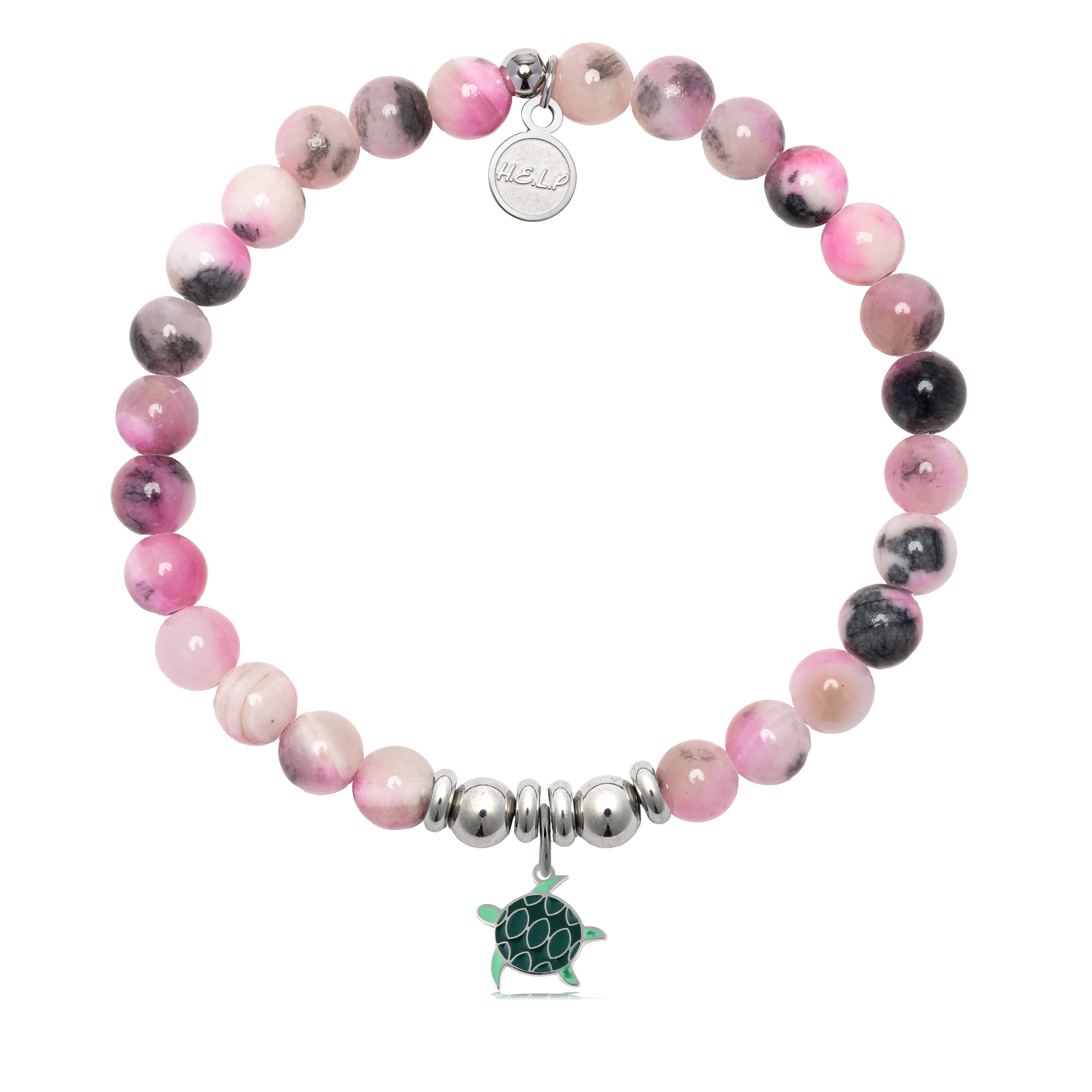 HELP by TJ Turtle Enamel Charm with Pink Zebra Jade Charity Bracelet