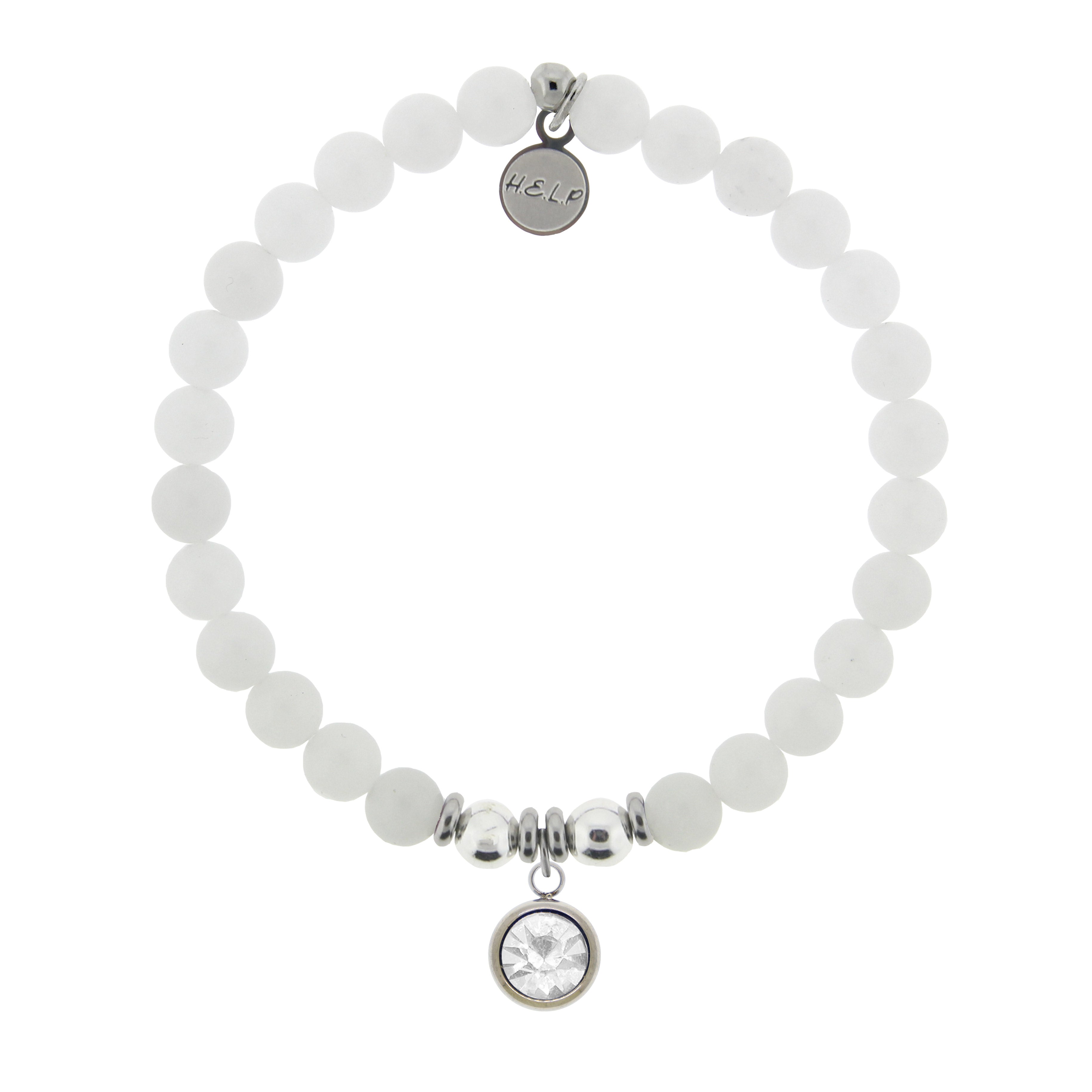 HELP by TJ April Diamond Crystal Birthstone Charm with White Jade Charity Bracelet