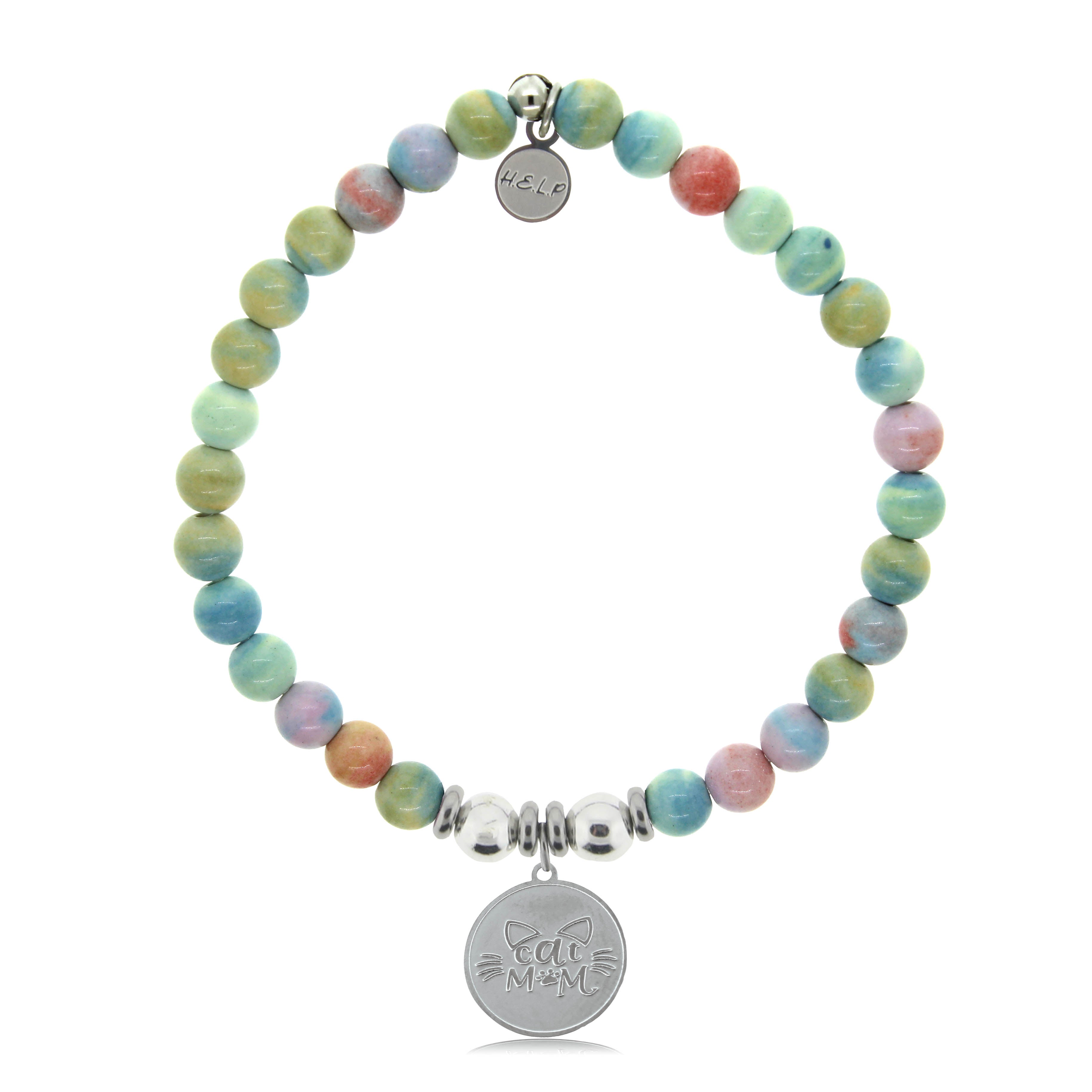 HELP by TJ Cat Mom Charm with Pastel Jade Beads Charity Bracelet