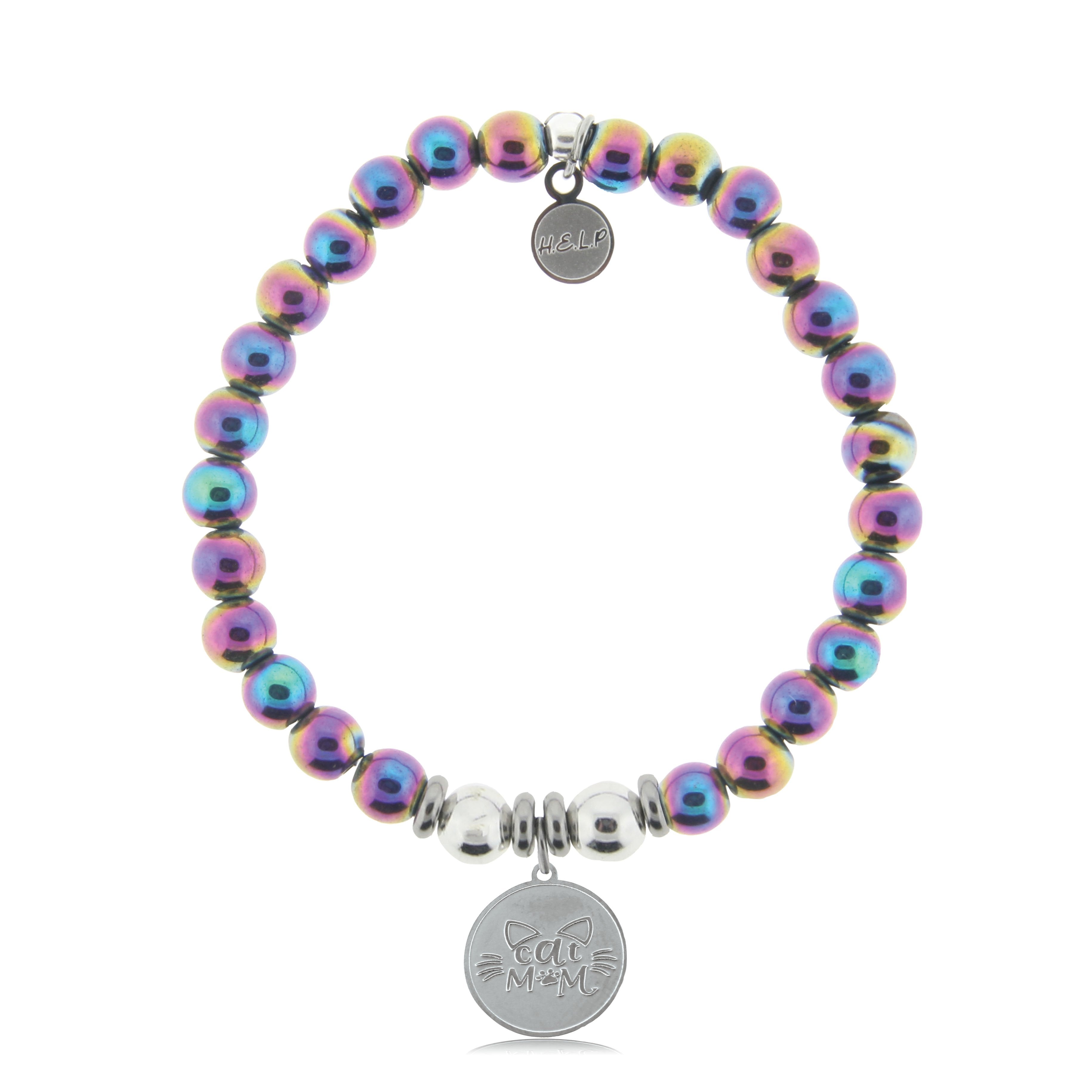 HELP by TJ Cat Mom Charm with Rainbow Hematite Beads Charity Bracelet