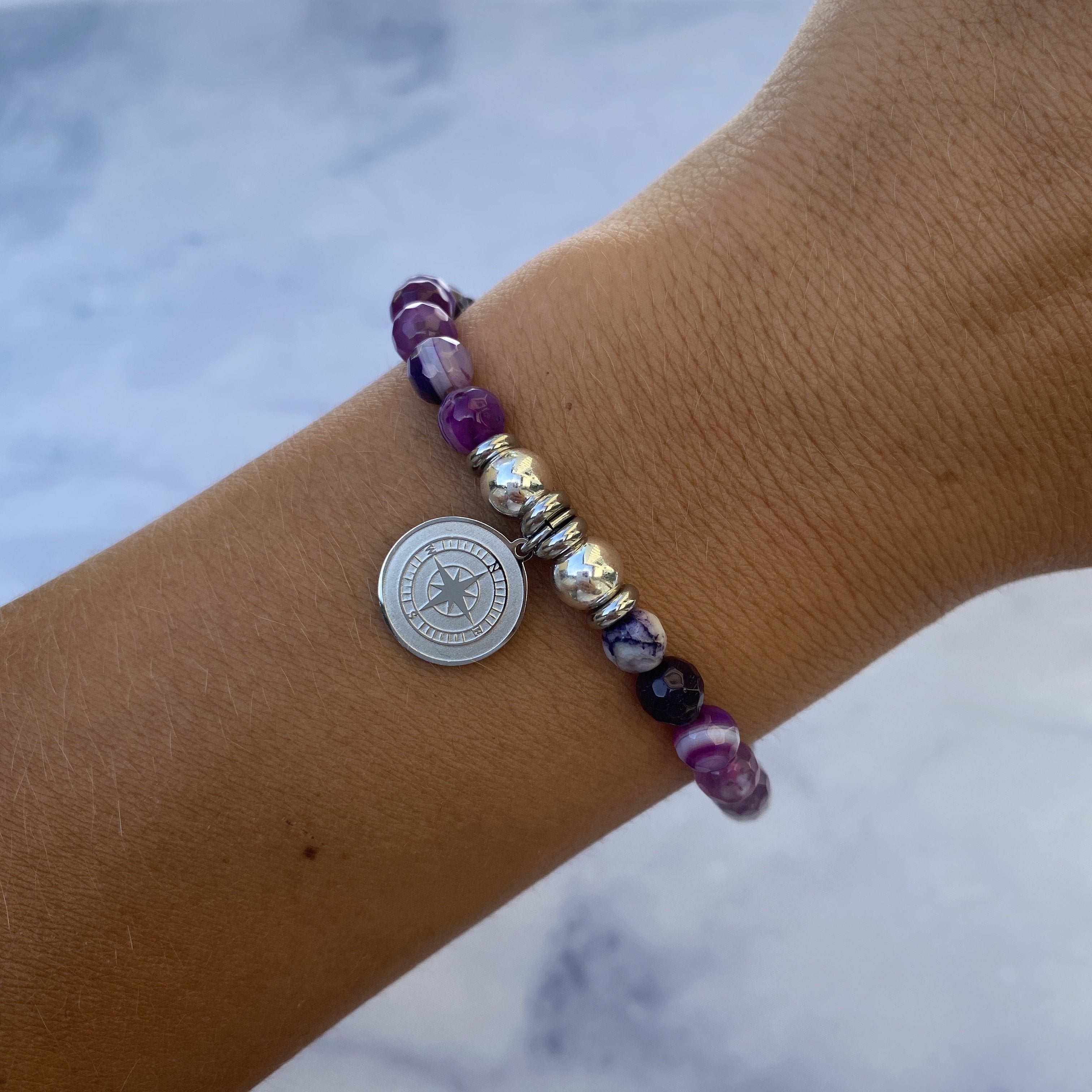 HELP by TJ Compass Charm with Purple Stripe Agate Beads Charity Bracelet