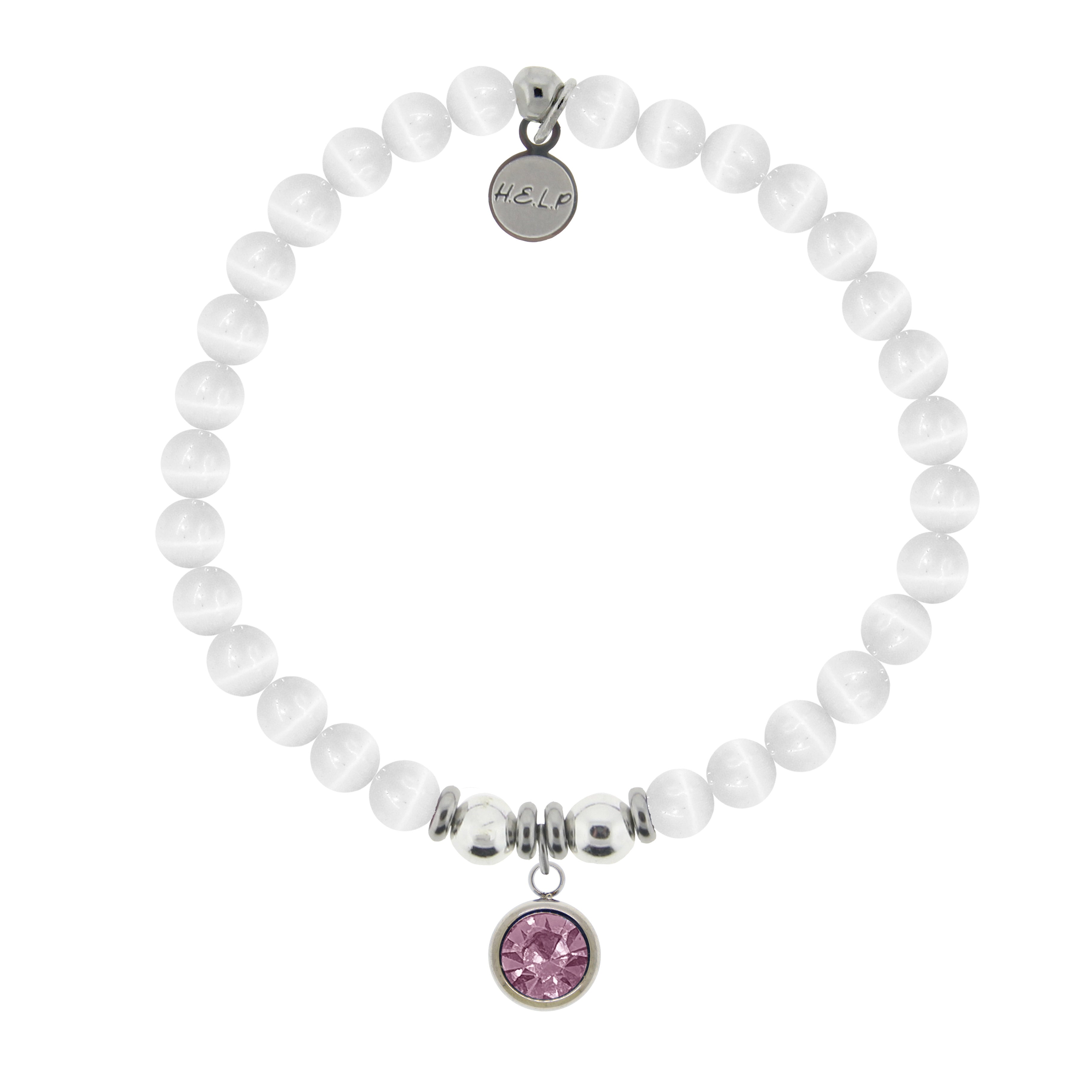 HELP by TJ February Amethyst Crystal Birthstone Charm with White Cats Eye Charity Bracelet