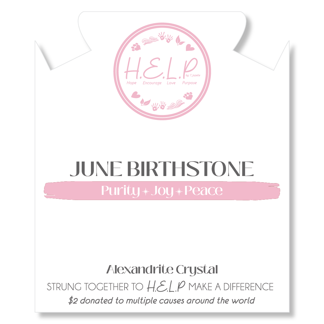 HELP by TJ June Alexandrite Crystal Birthstone Charm with White Jade Charity Bracelet
