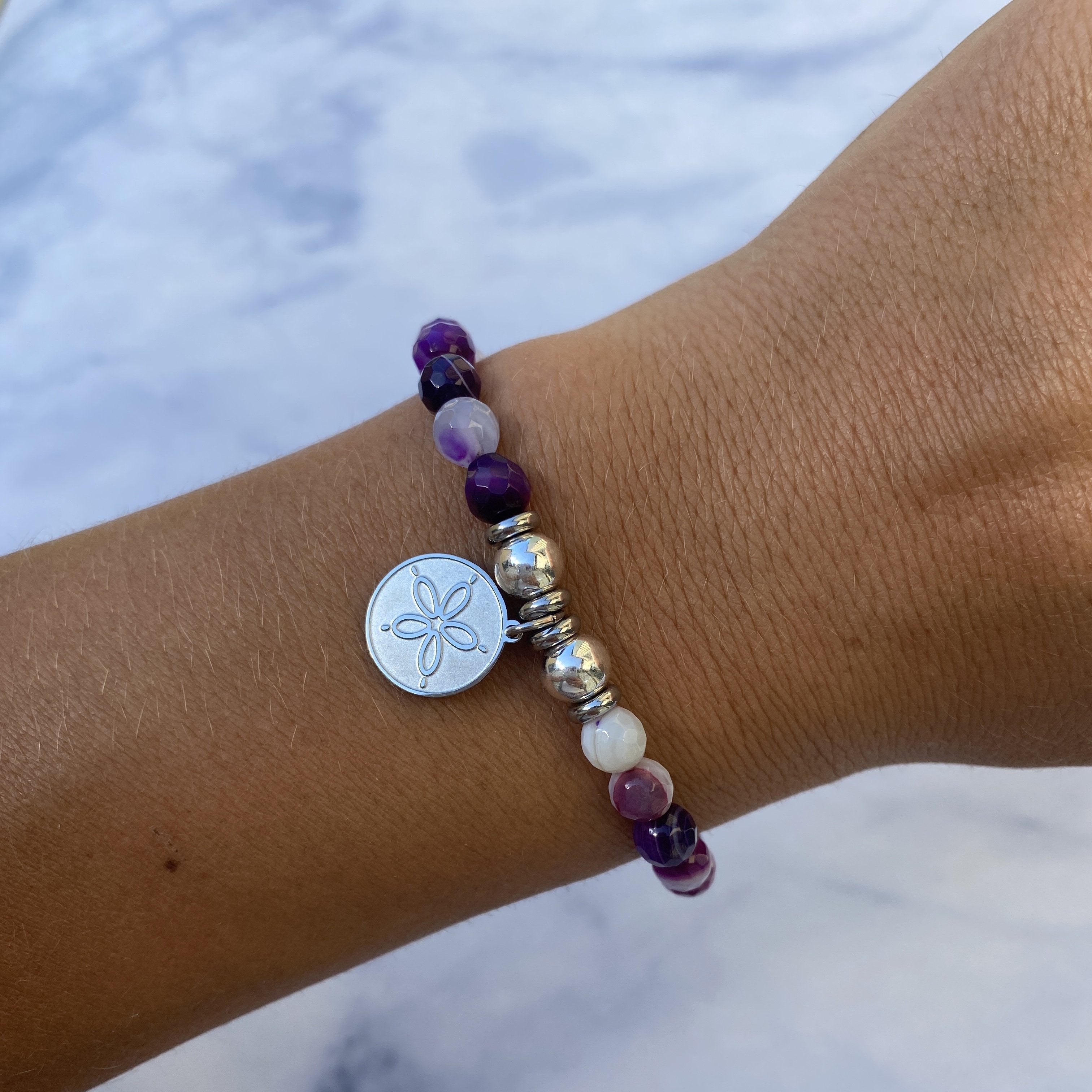 HELP by TJ Sand Dollar Charm with Purple Stripe Agate Beads Charity Bracelet