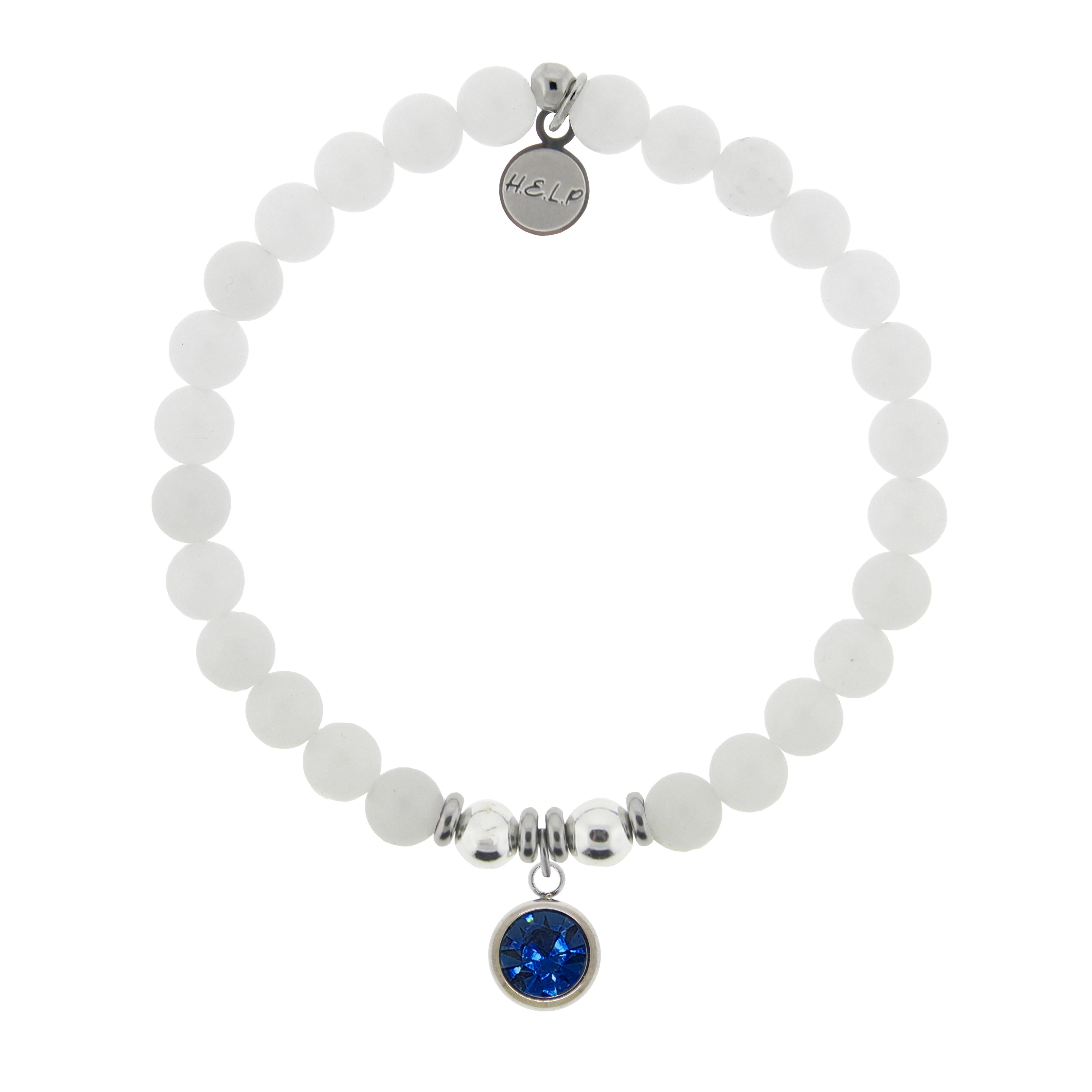 HELP by TJ September Sapphire Crystal Birthstone Charm with White Jade Charity Bracelet