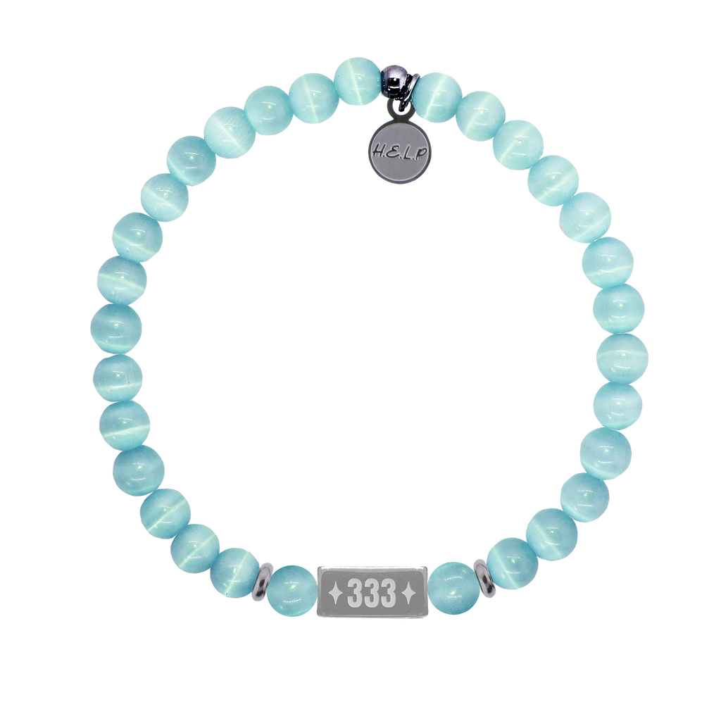 HELP by TJ Angel Number 333 Support Charm with Aqua Cats Eye Charity Bracelet