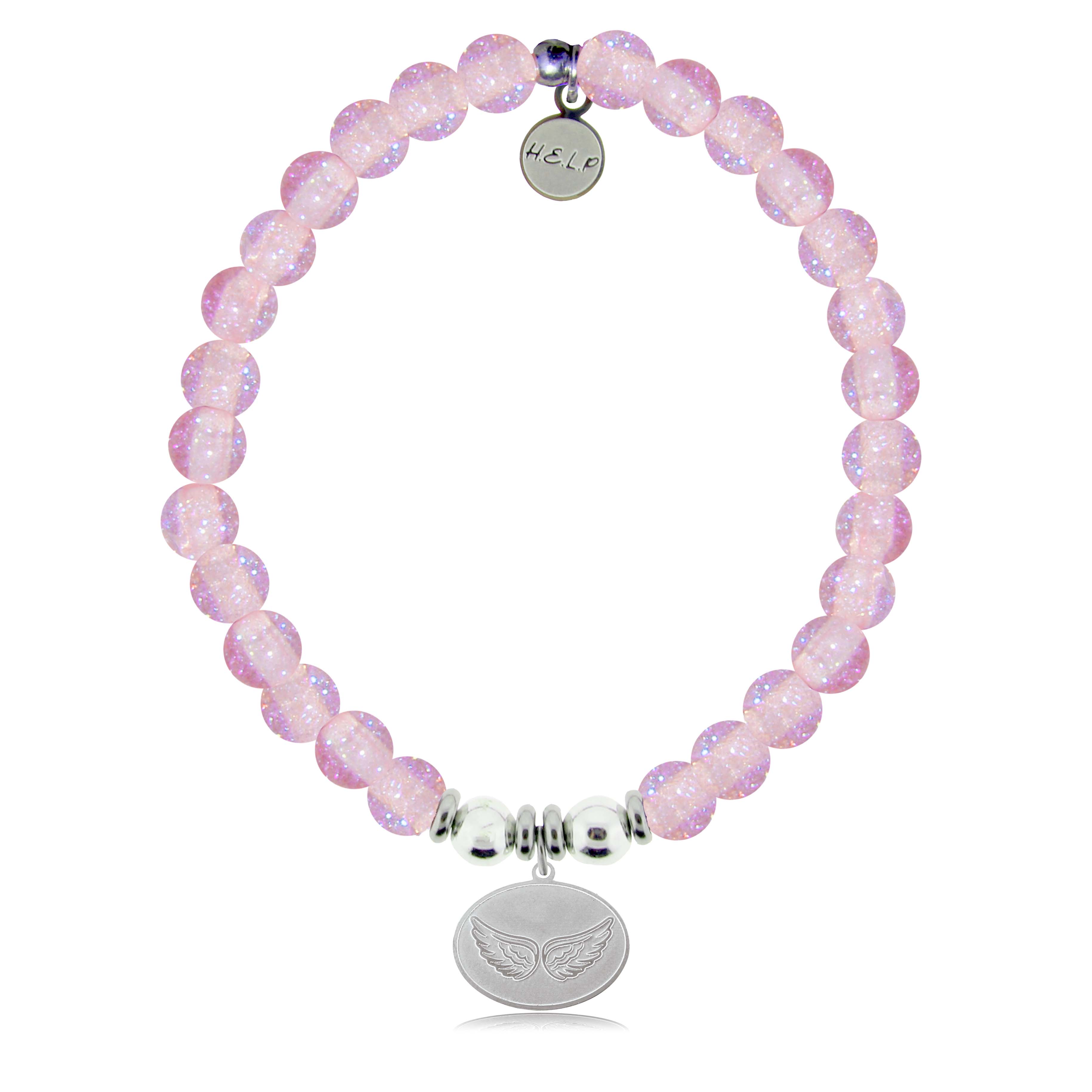 HELP by TJ Angel Wing Charm with Pink Glass Shimmer Charity Bracelet