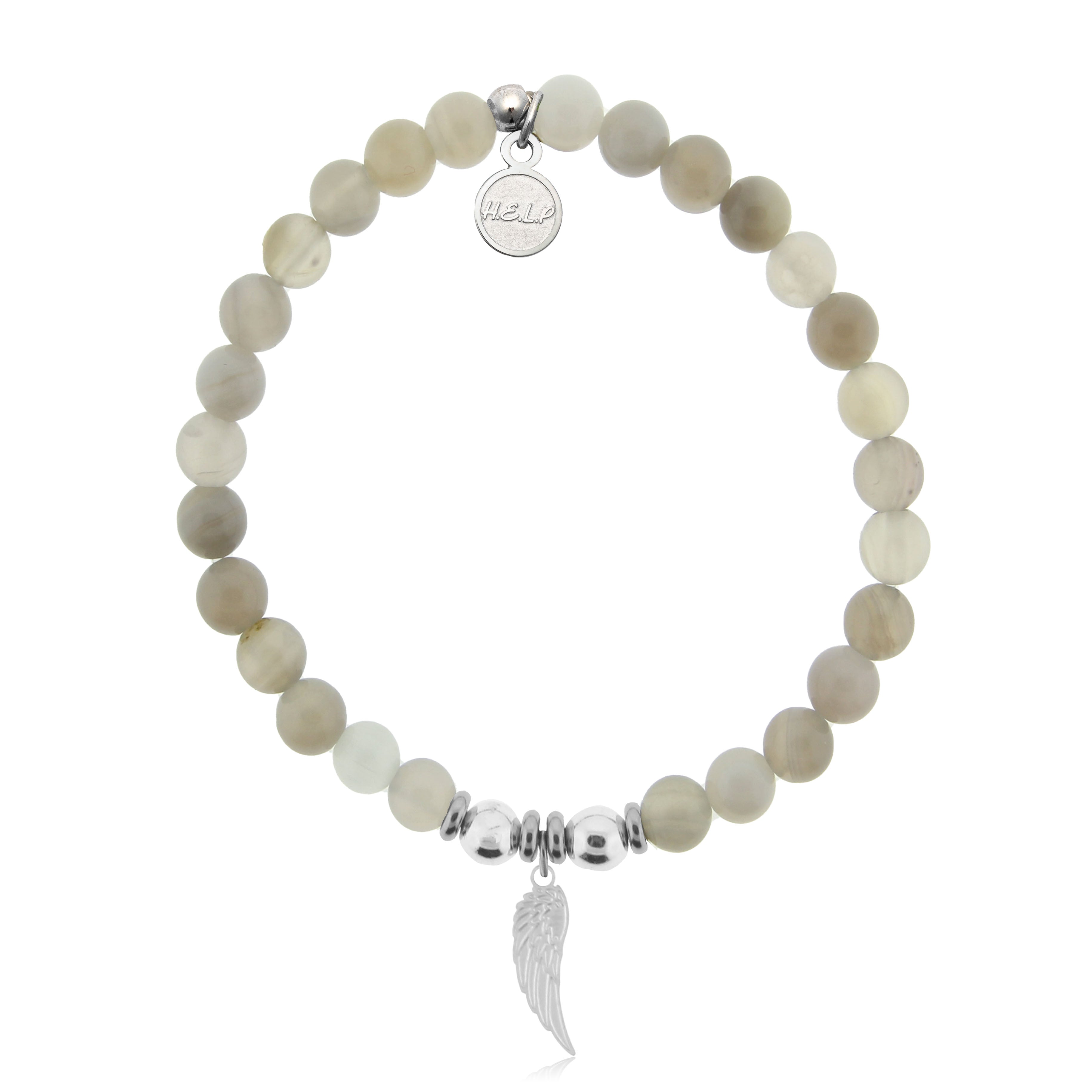 HELP by TJ Angel Wing Cutout Charm with Grey Stripe Agate Charity Bracelet