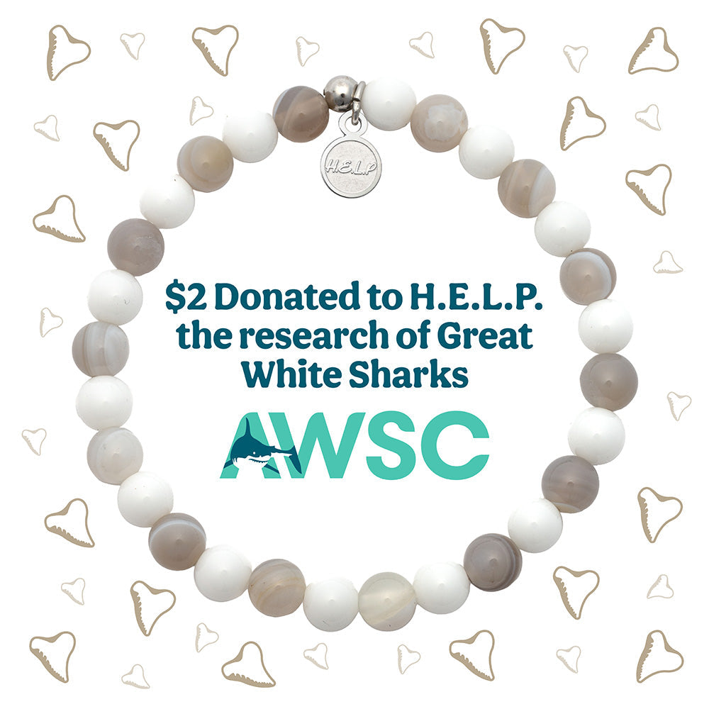 HELP by TJ Atlantic White Shark Conservancy Charity Bracelet: Grey Stripe Agate & White Jade Stacker