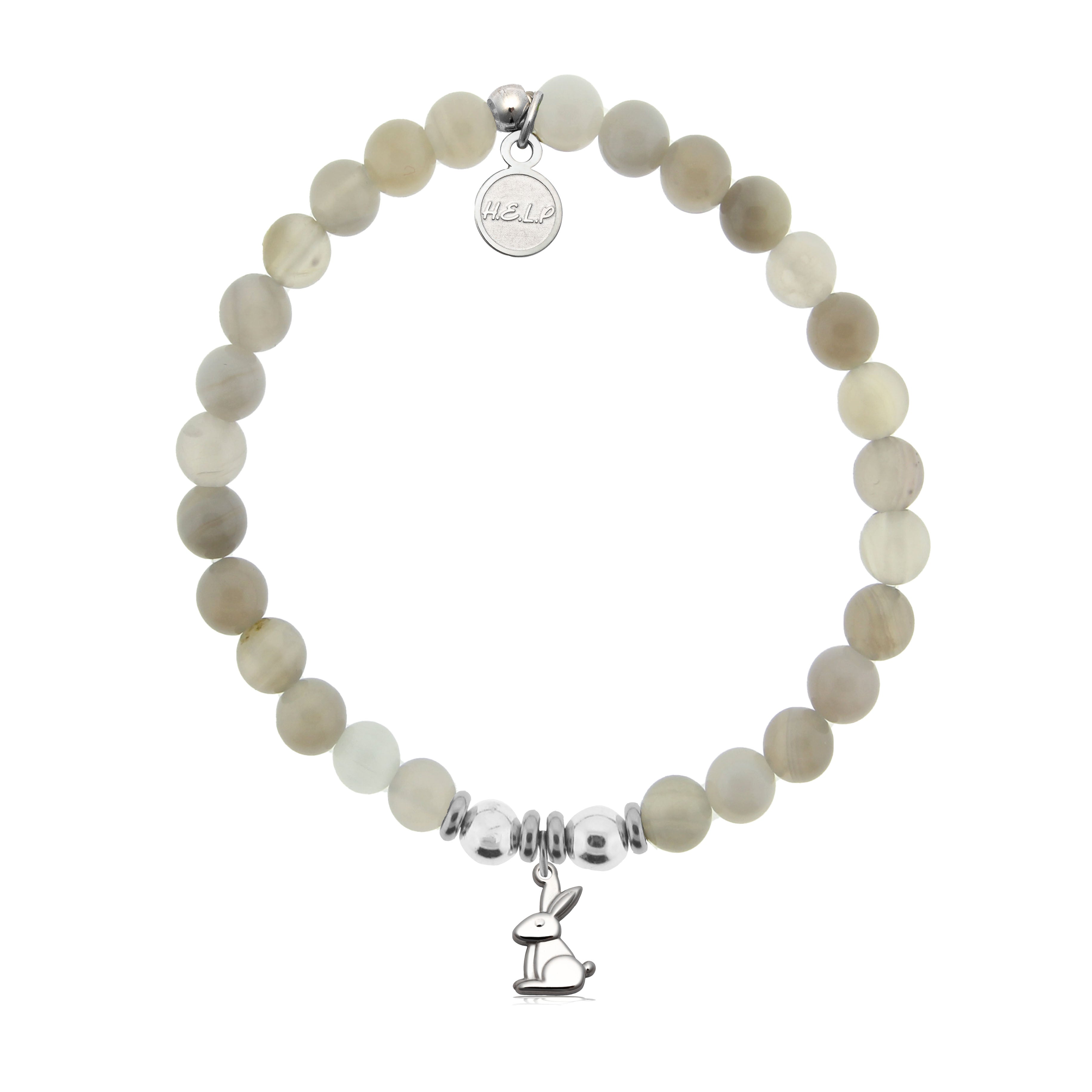 HELP by TJ Bunny Charm with Grey Stripe Agate Charity Bracelet