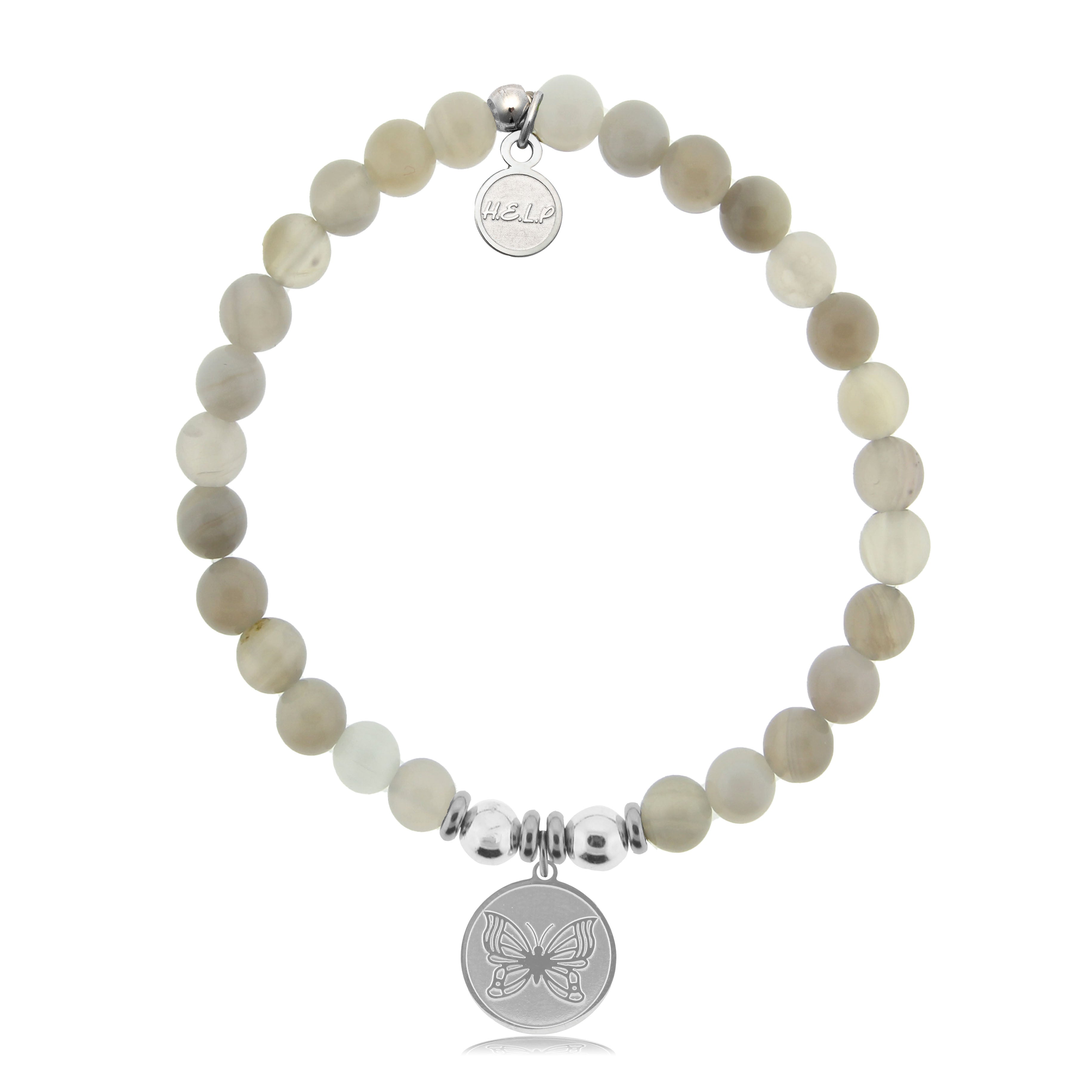 HELP by TJ Butterfly Charm with Grey Stripe Agate Charity Bracelet