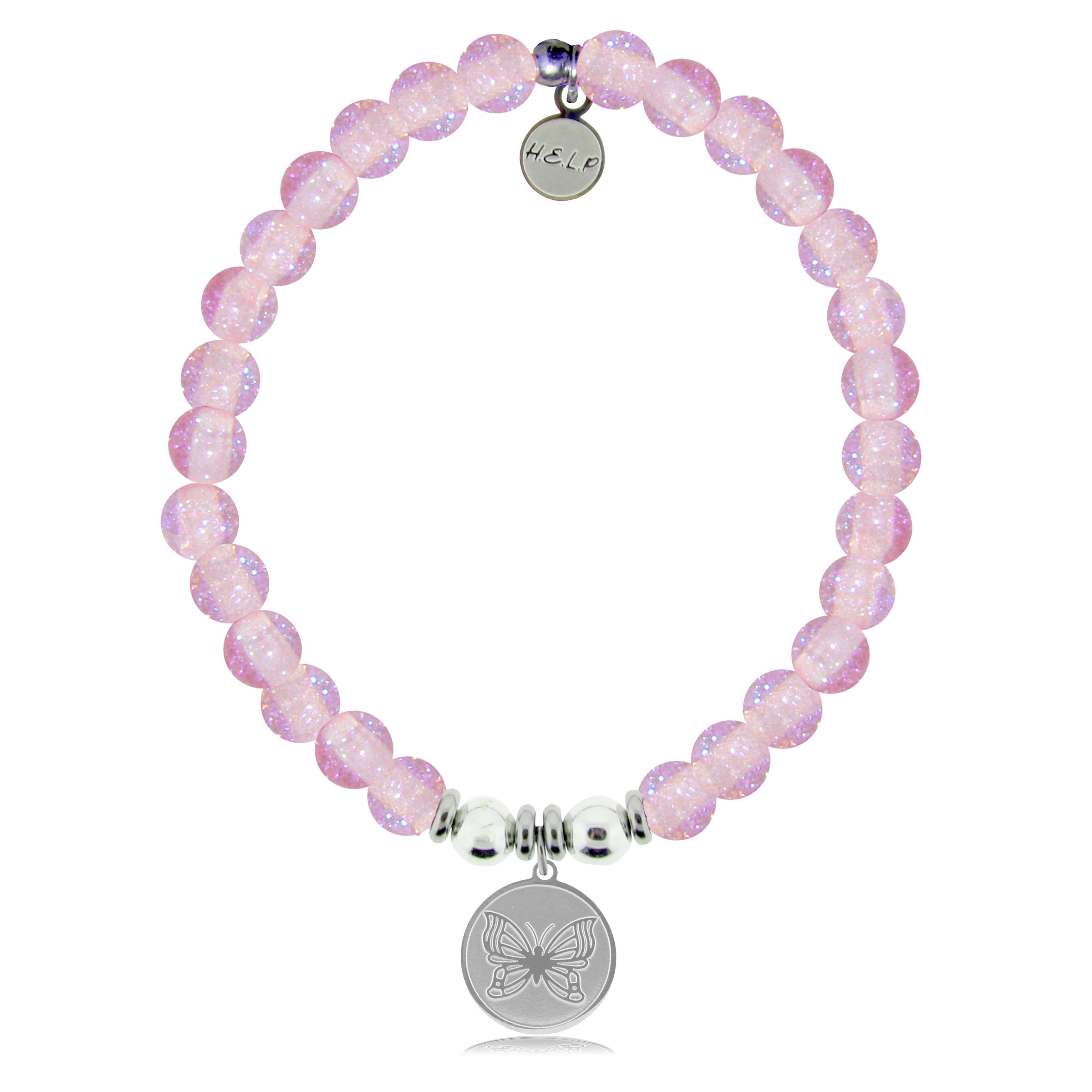 HELP by TJ Butterfly Charm with Pink Glass Shimmer Charity Bracelet