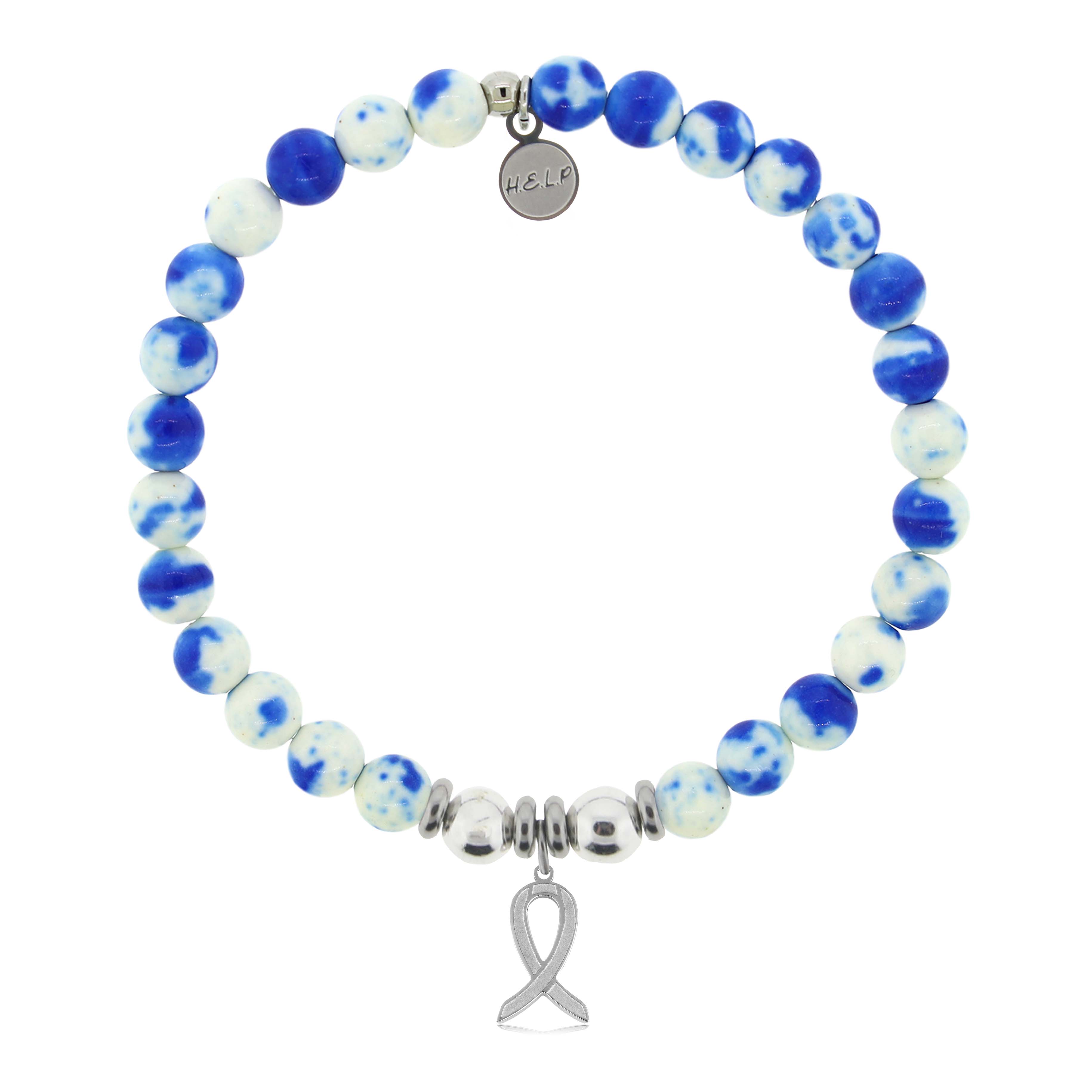 HELP by TJ Cancer Ribbon Charm with Blue and White Jade Charity Bracelet