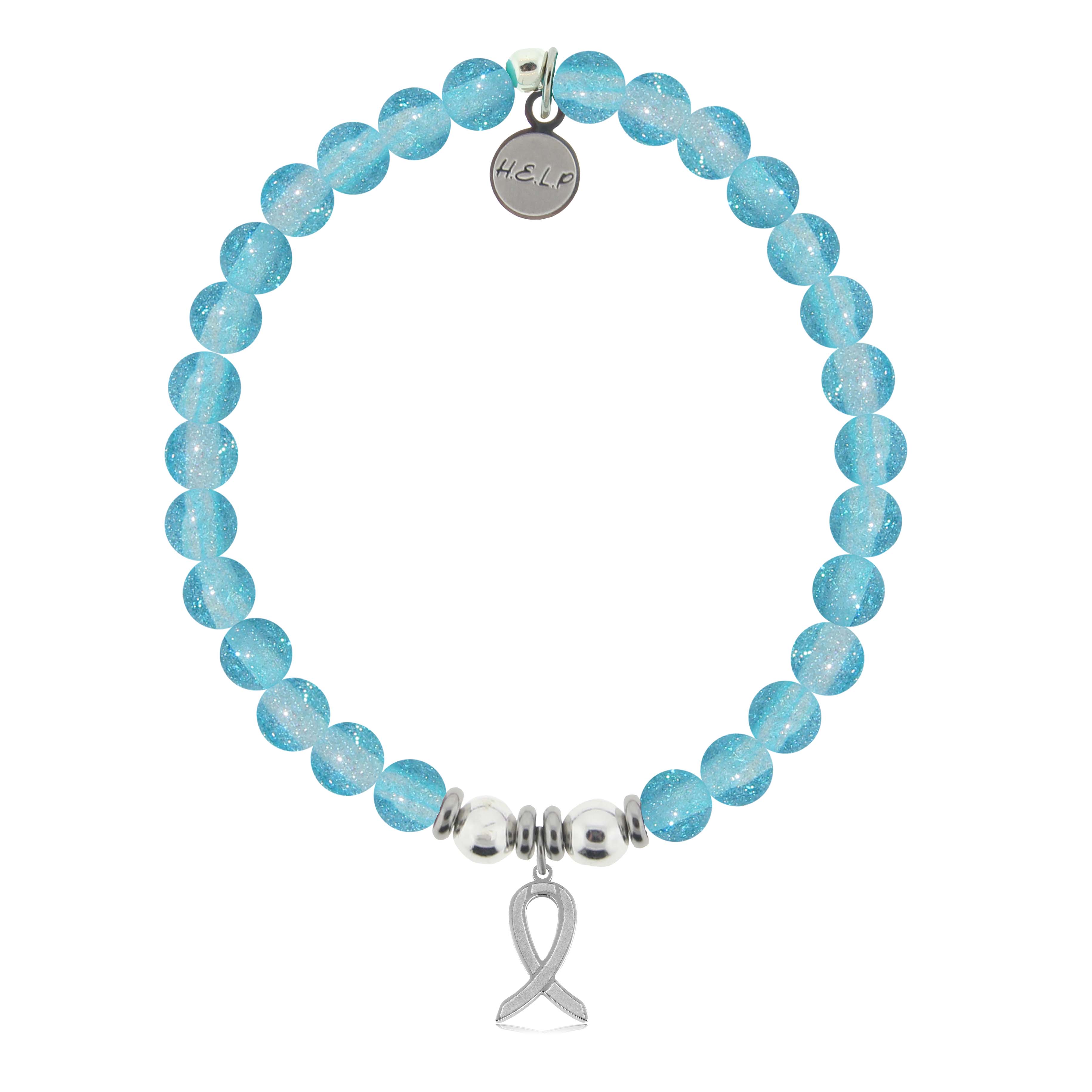 HELP by TJ Cancer Ribbon Charm with Blue Glass Shimmer Charity Bracelet