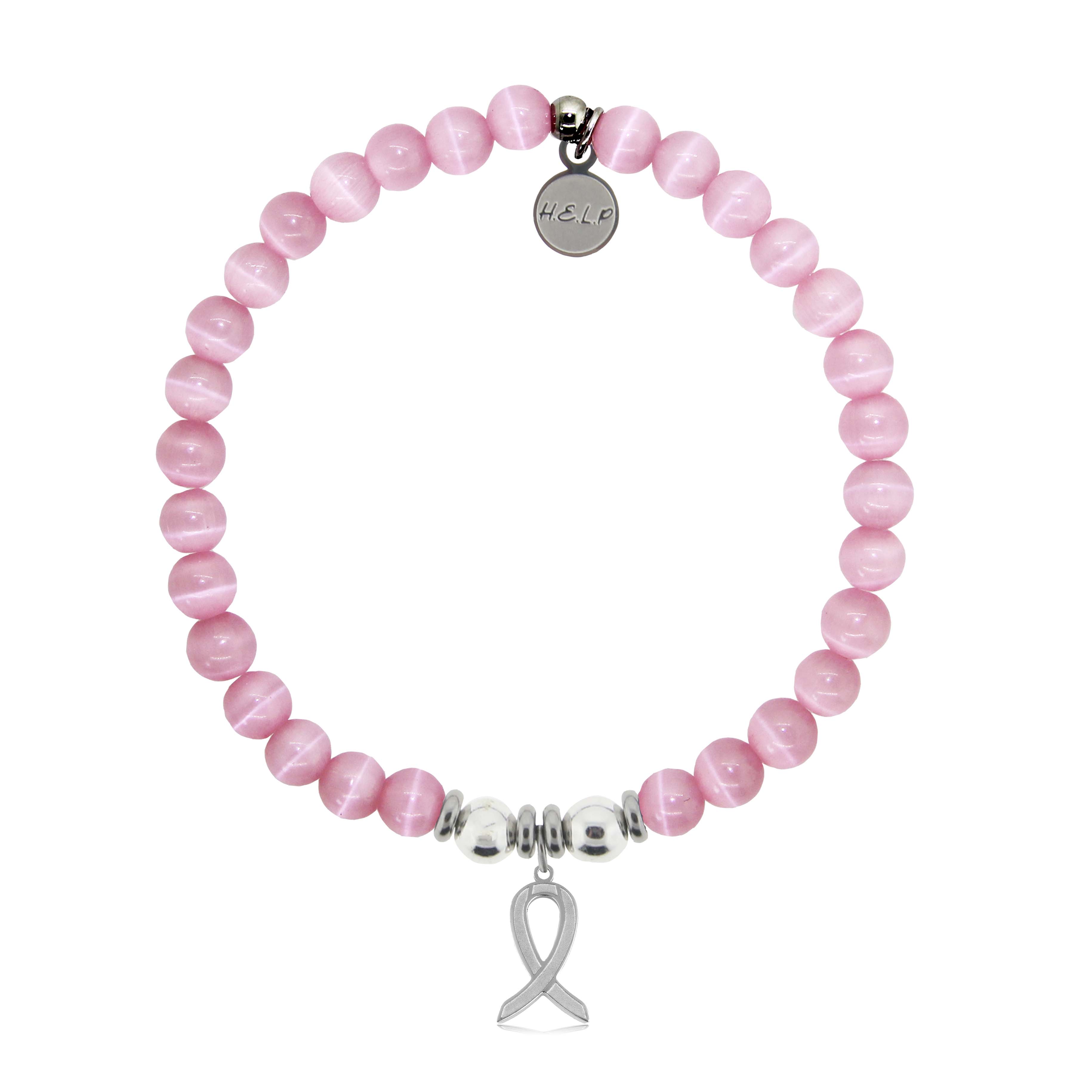 HELP by TJ Cancer Ribbon Charm with Pink Cats Eye Charity Bracelet