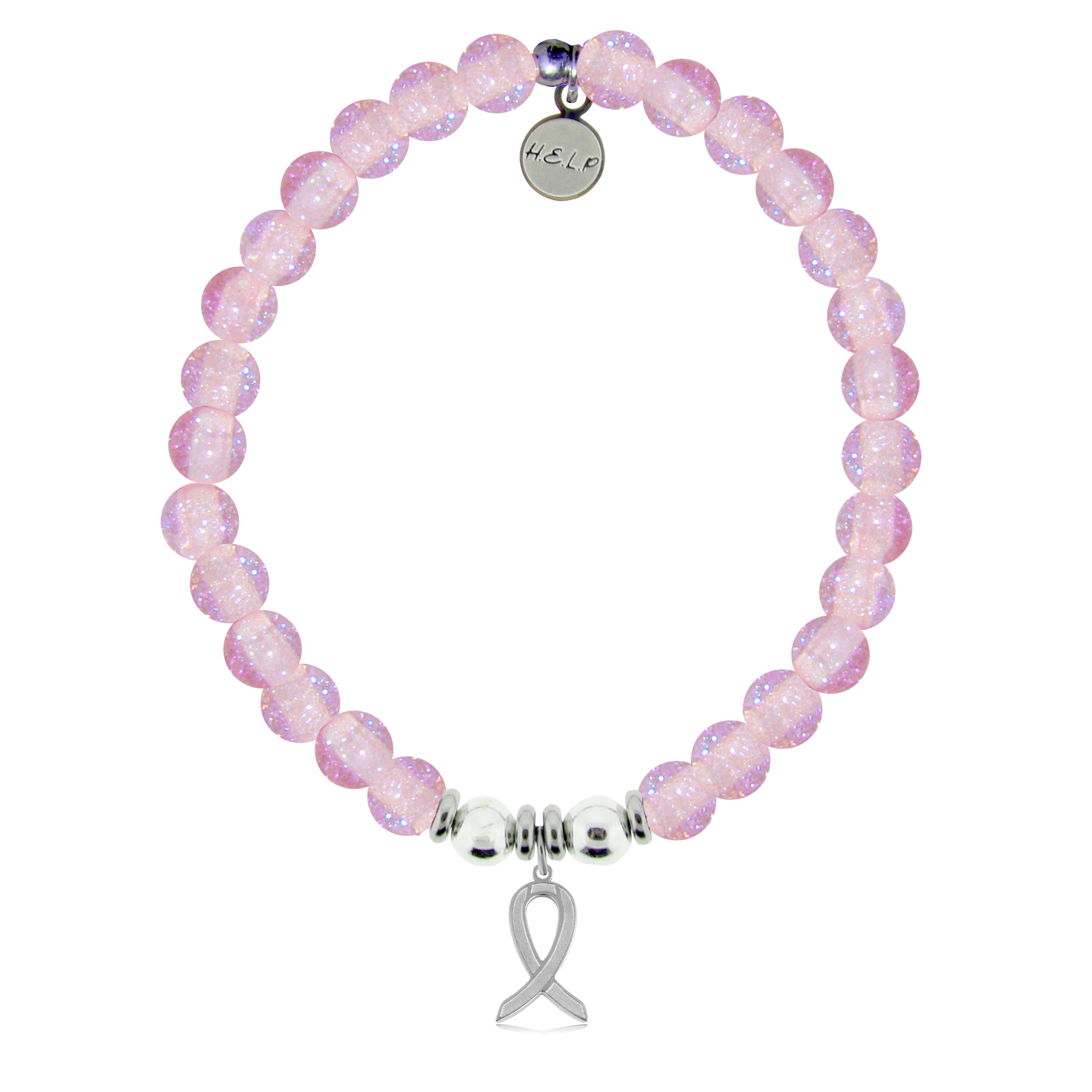 HELP by TJ Cancer Ribbon Charm with Pink Glass Shimmer Charity Bracelet