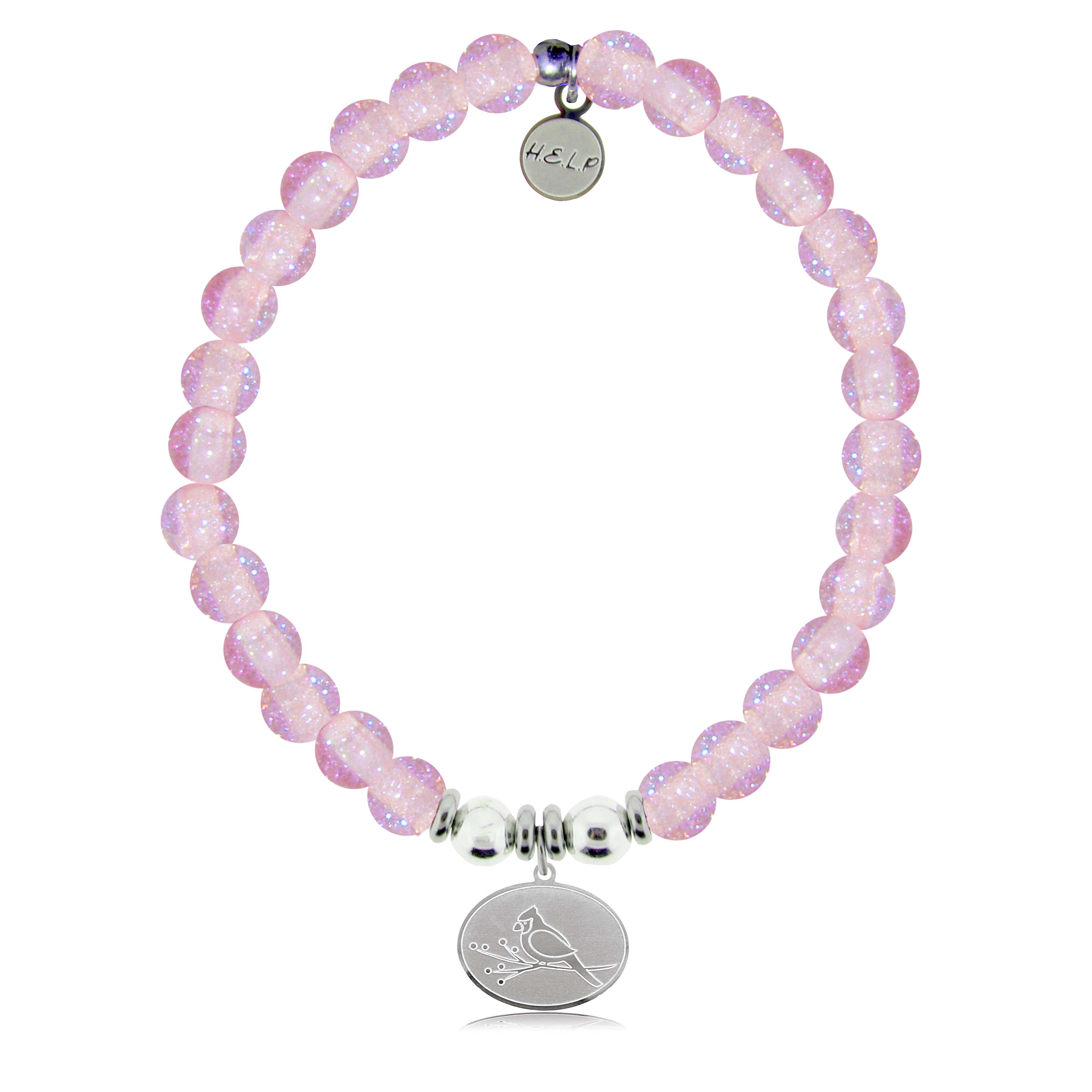 HELP by TJ Cardinal Charm with Pink Glass Shimmer Charity Bracelet