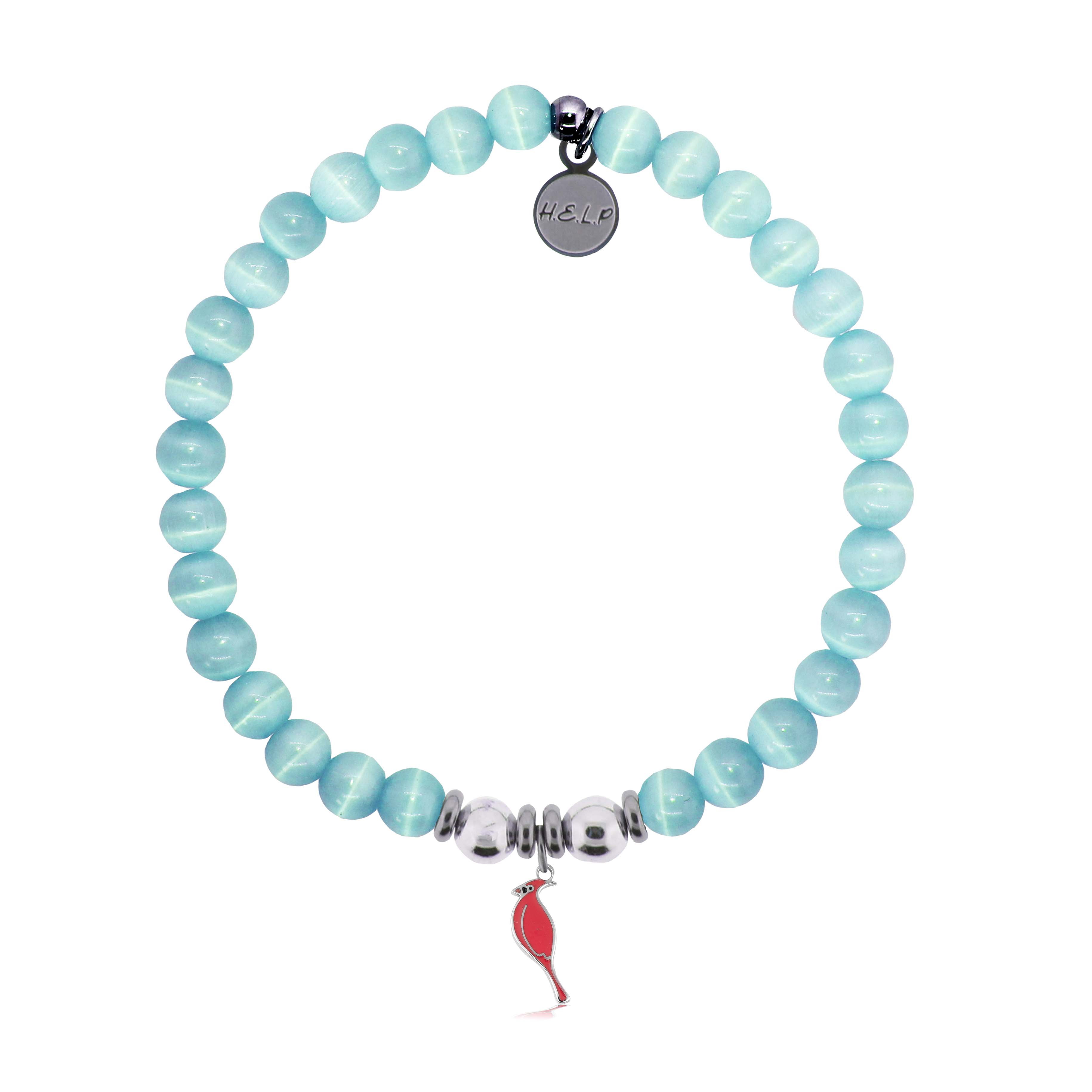 HELP by TJ Cardinal Enamel Charm with Aqua Cats Eye Charity Bracelet