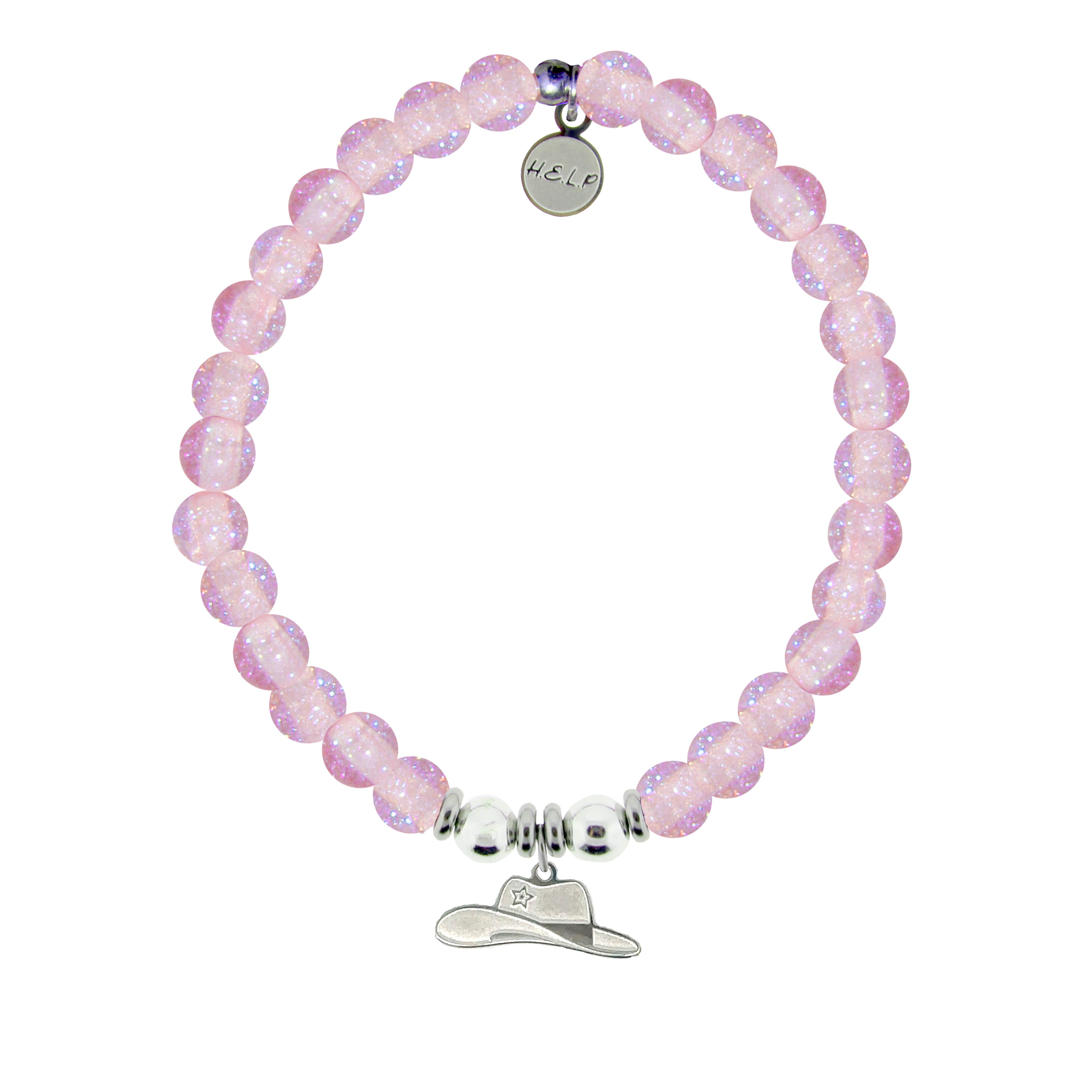 HELP by TJ Cowboy Hat Charm with Pink Glass Shimmer Charity Bracelet