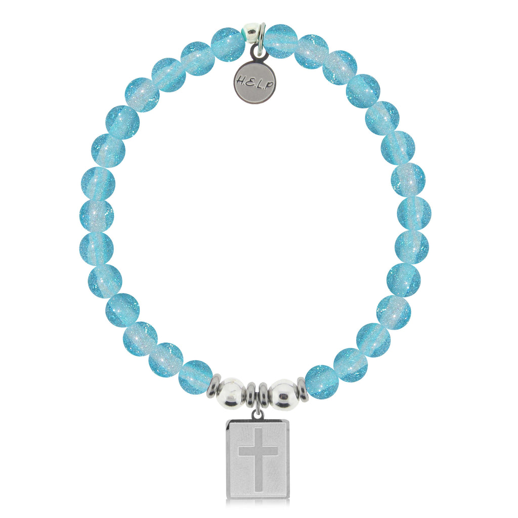 HELP by TJ Cross Charm with Blue Shimmer Glass Charity Bracelet