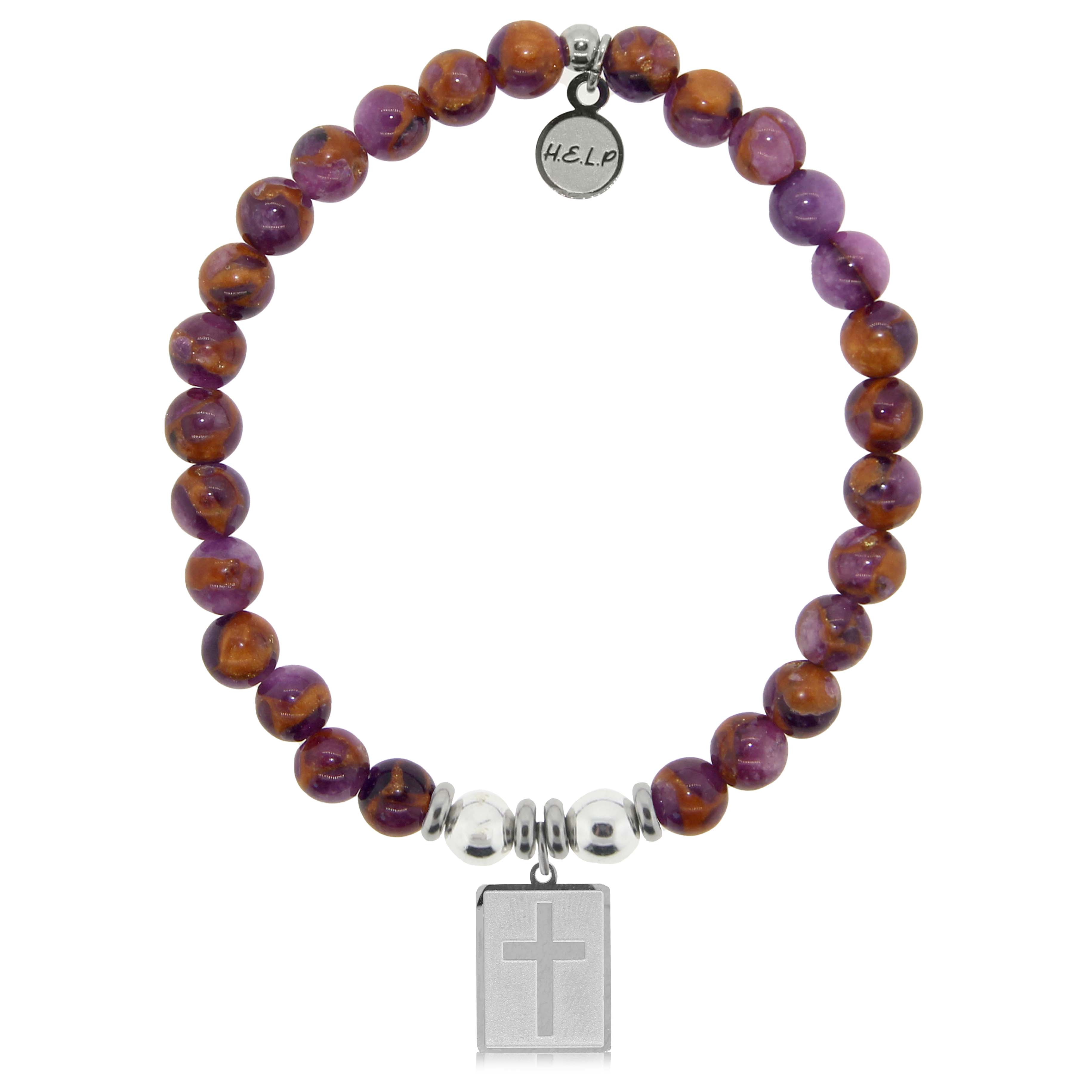 HELP by TJ Cross Charm with Purple Earth Quartz Charity Bracelet