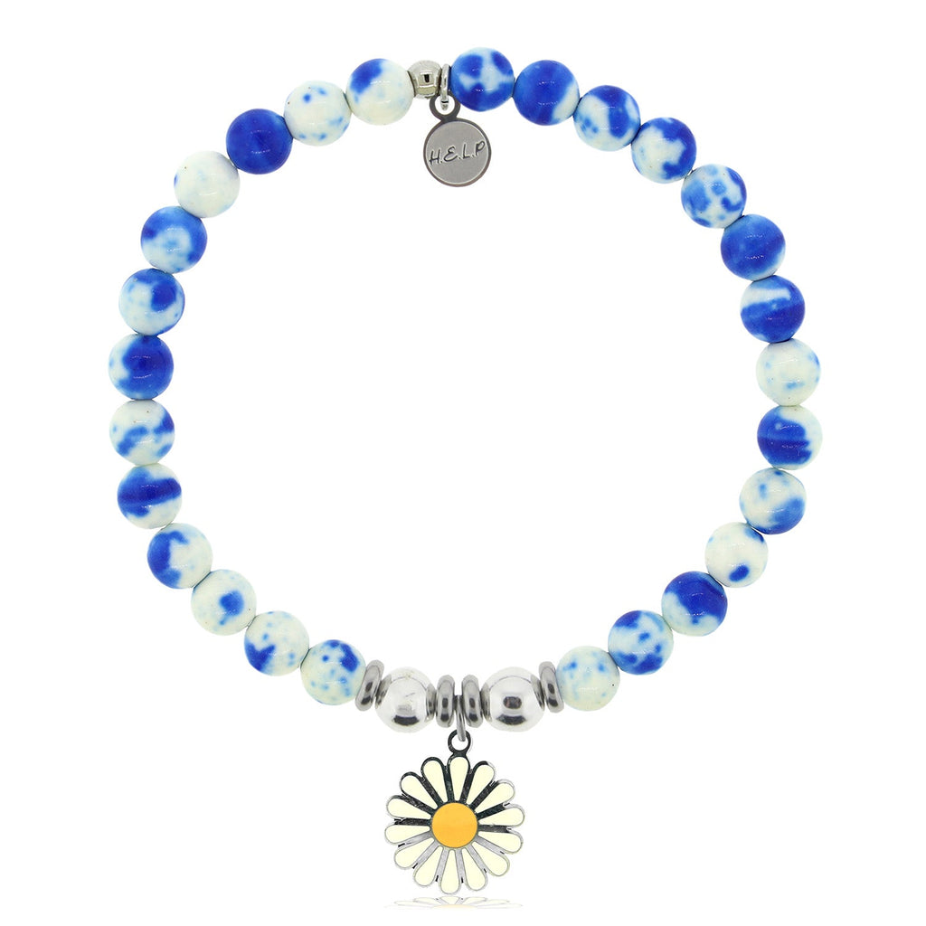 HELP by TJ Daisy Enamel Charm with Blue and White Jade Charity Bracelet