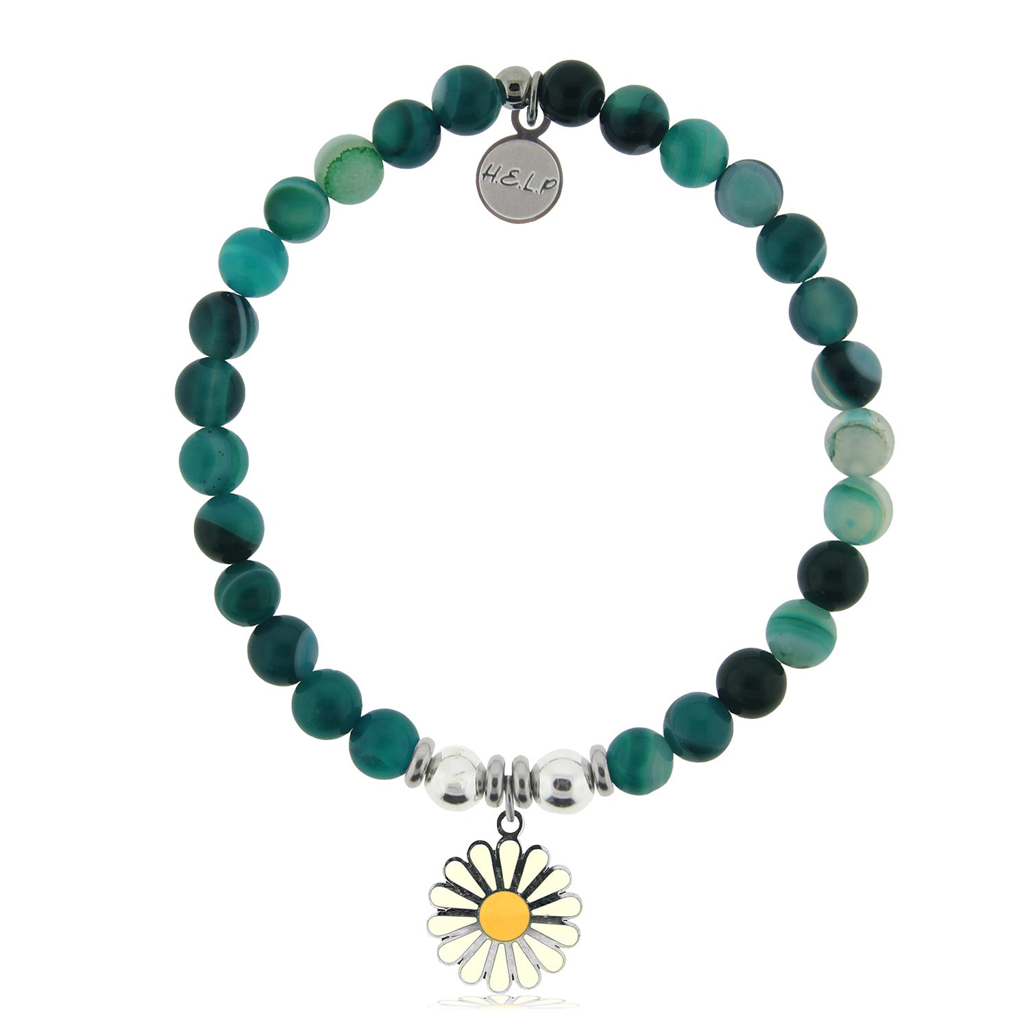 HELP by TJ Daisy Enamel Charm with Green Stripe Agate Charity Bracelet